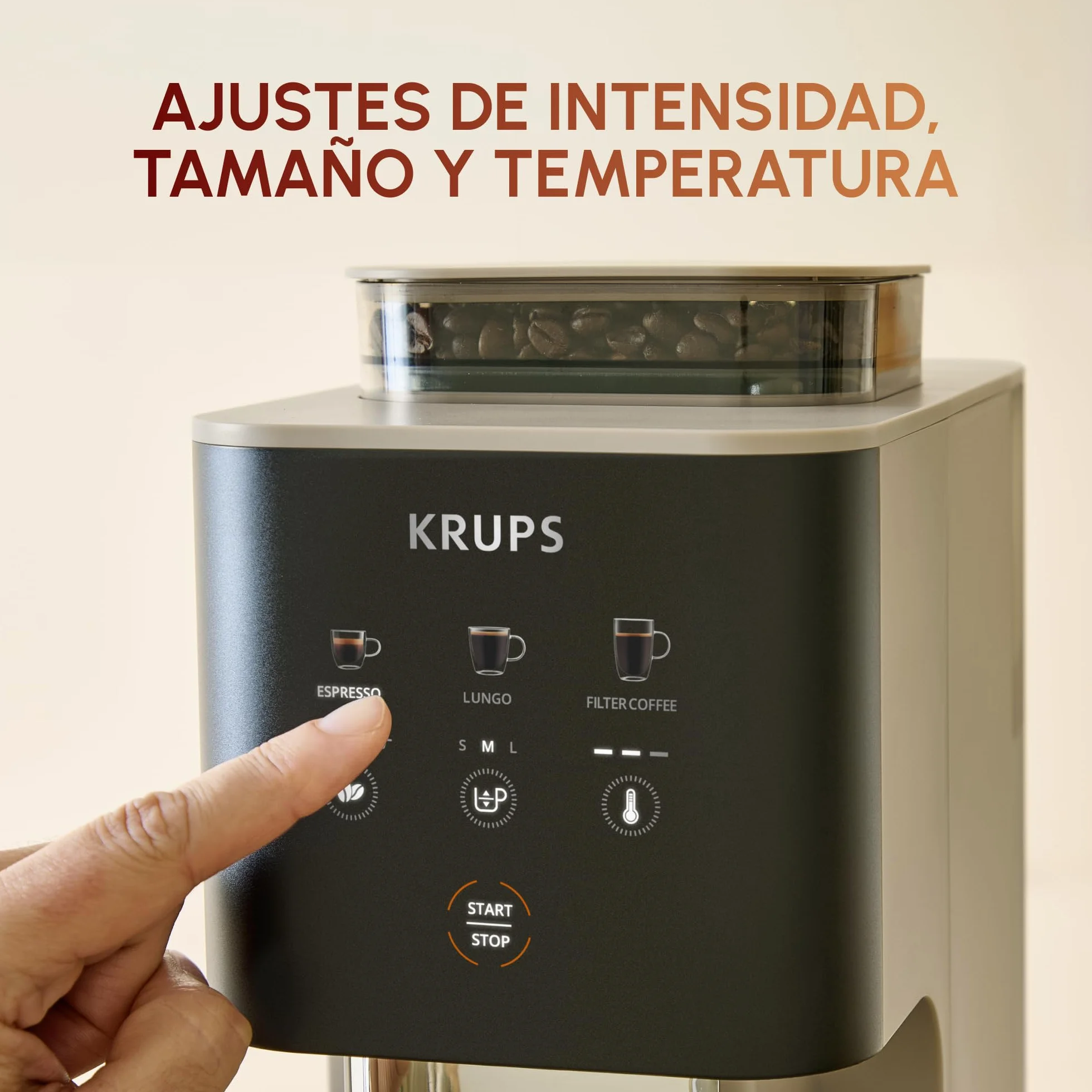 KRUPS Coffee Crush, Cafetera automática, Café en Grano y Molido, 15 Bares, 3 recetas de café, 3 niveles de temperatura y de molienda, Pantalla táctil, Compacta 15 cm de ancho, Beige, SA402AE0