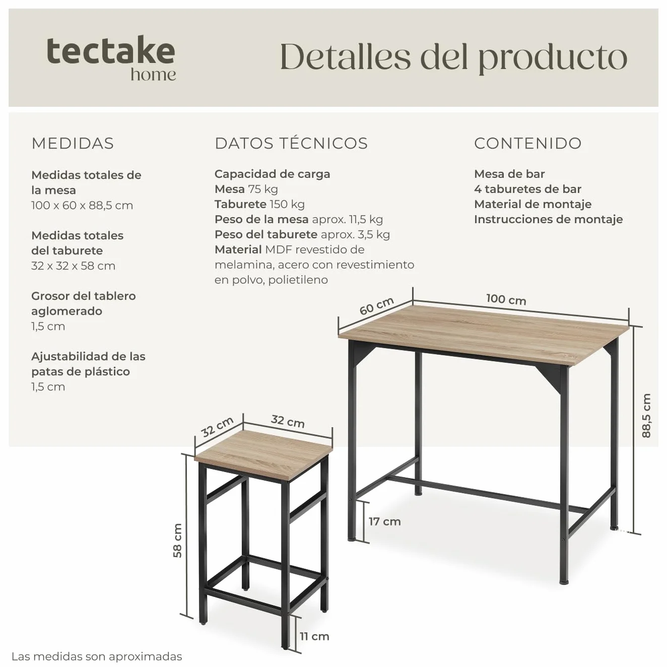 tectake® Mesa Alta de Bar con 4 Taburetes, Mueble de Cocina Estilo Industrial, Diseño Comedor y Mesa Cocina, Muebles de Salon, Taburete - 100 x 124 x 88,5 cm Madera Industrial Clara, Roble Sonoma
