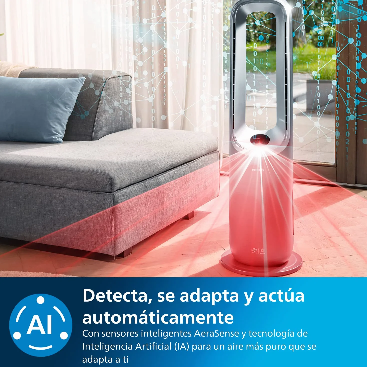 Philips Air Performer 3en1: Purificador, calefactor y ventilador - 70 m², elimina el 99,97% de los alérgenos. Filtro HEPA, Sensores inteligentes, Alexa, App. Silencioso y bajo consumo (AMF870/15)