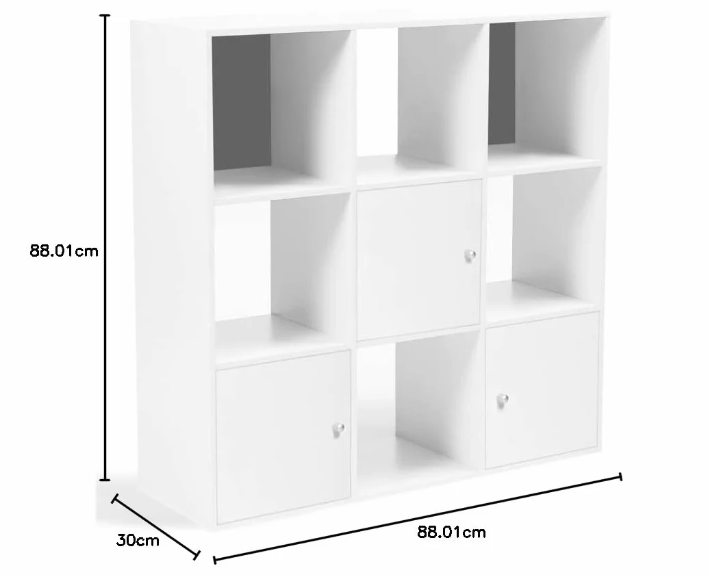 Mueble de almacenamiento Rudy 9 cajas madera blanca 3 puertas fondo gris