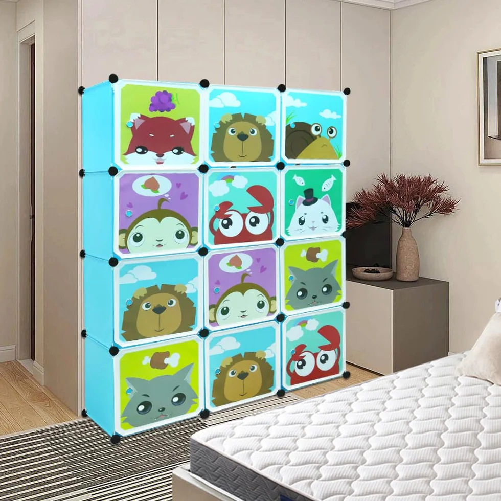 Mueble de almacenamiento infantil con 12 cubos armario modular ABS 111x37x147 cm azul