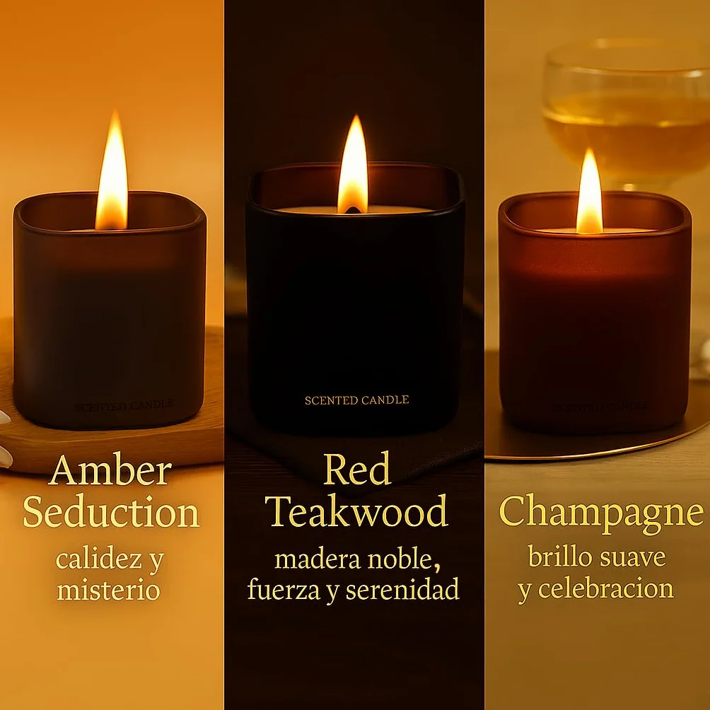Signature Collection – Set de 3 Velas Aromáticas para Regalo con Mecha de Madera | Amber Seduction, Red Teakwood y Champagne | Cera Vegana Soja y Carnauba | Regalos Originales para Mujer