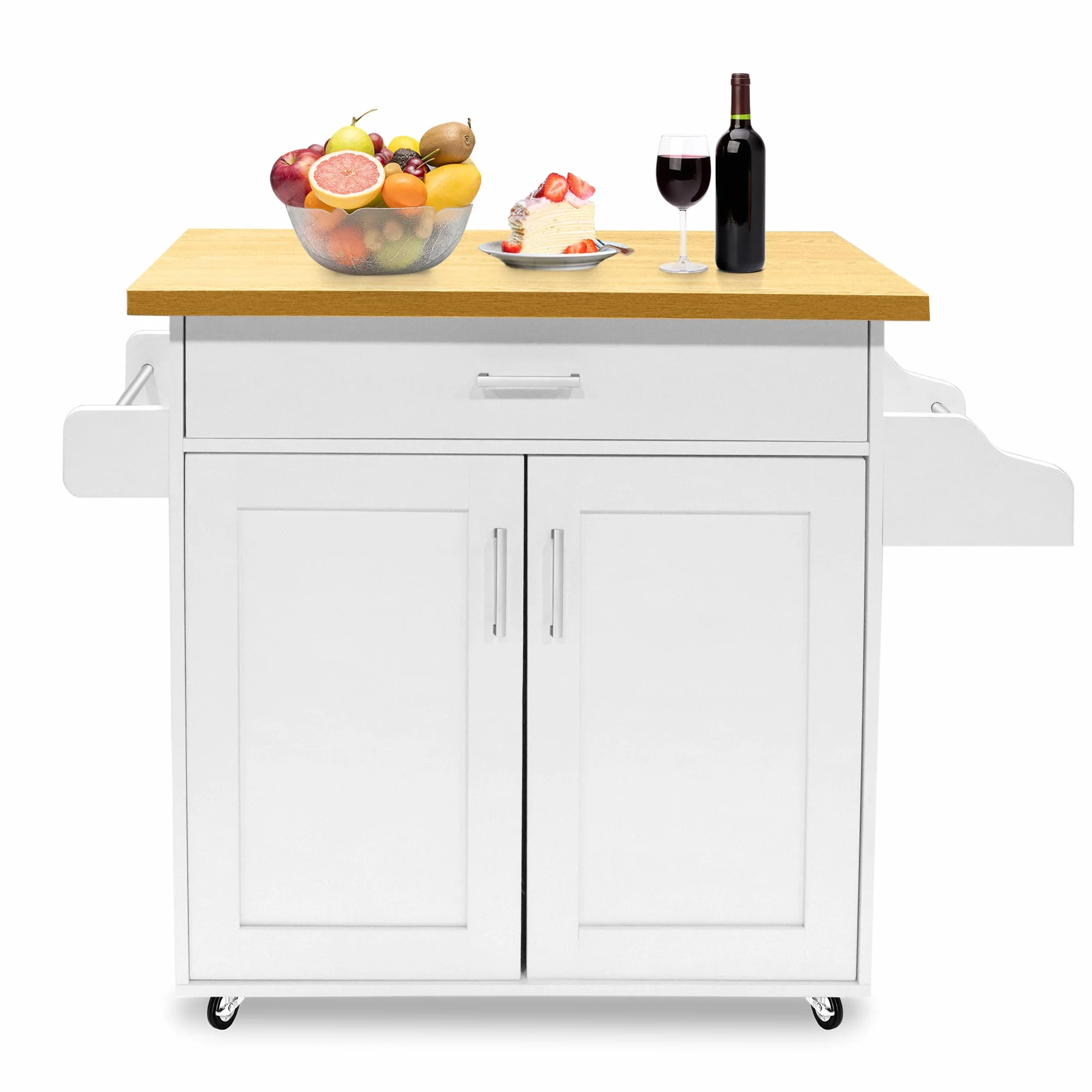 UISEBRT Carro de cocina con encimera, isla de cocina de madera, armario de cocina con ruedas, carrito de servicio con cajón y estante, carrito de cocina en estilo rústico, color blanco