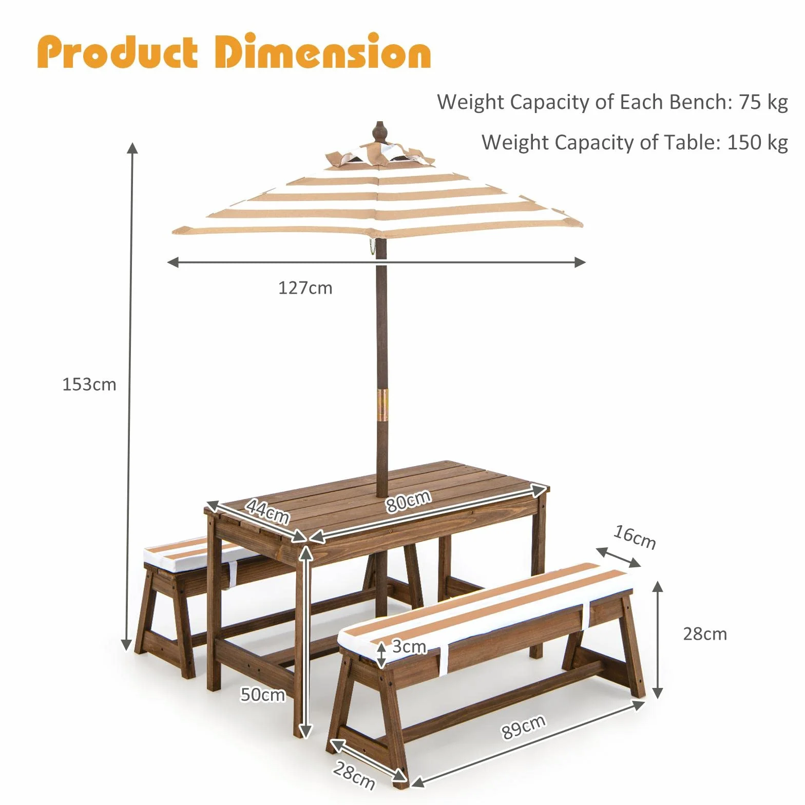 KOMFOTTEU Juego de Muebles Infantiles con Sombrilla, Mesa y 2 Bancos de Madera de Abeto para Jardín (Marrón)