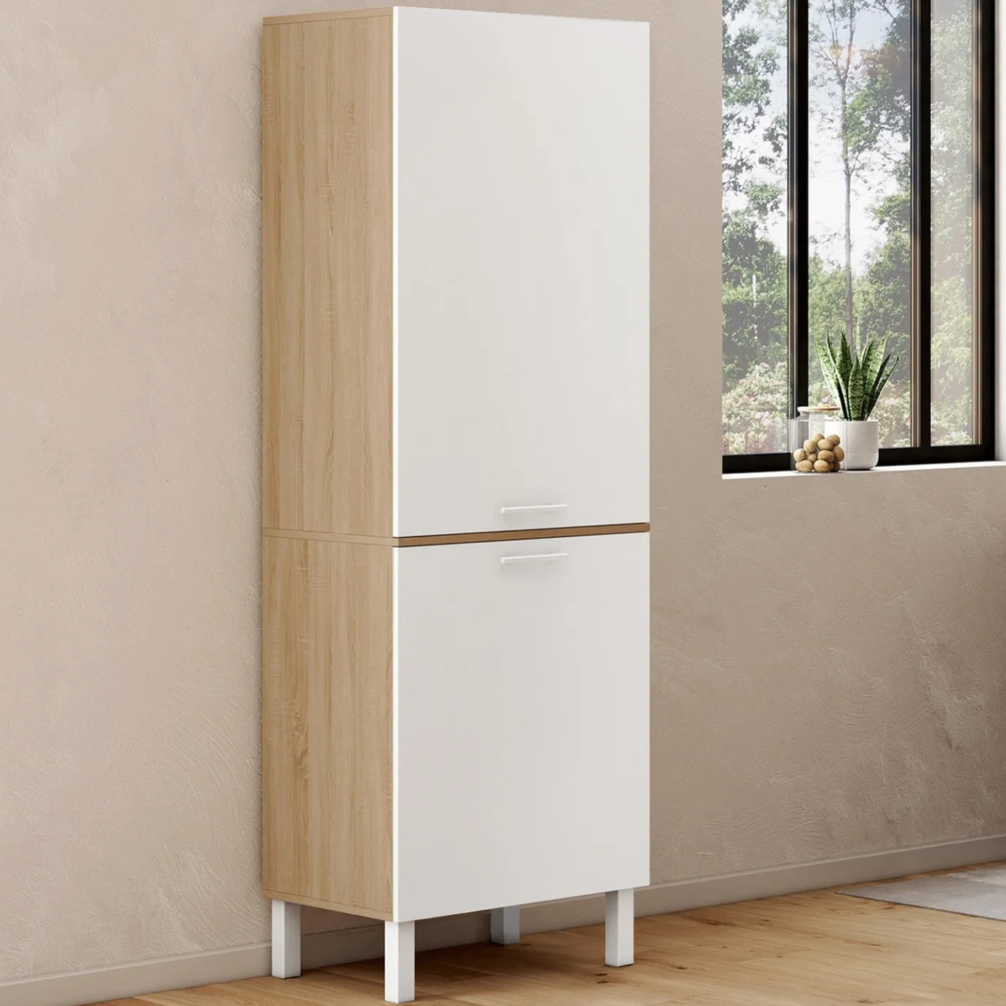 IDMarket CINA - Columna de cocina 60 cm, 2 puertas, forma de haya y blanco