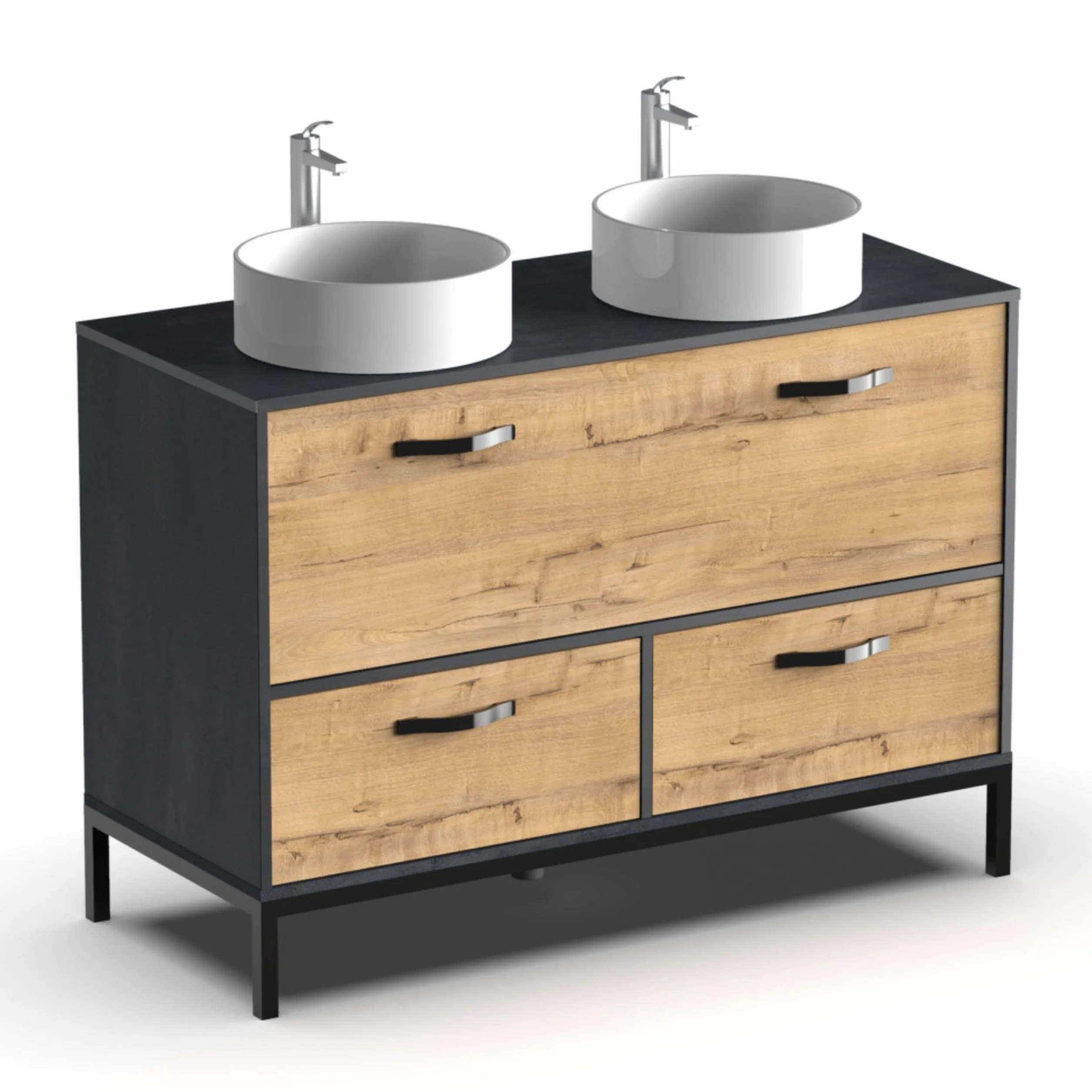 Muebles Pitarch | Mueble de Baño Doble 120cm ancho, Industrial Negro y Roble Gold, con estructura Patas, 2 Cajones y 1 Puerta, para Lavabos de sobreponer, modelo Sena