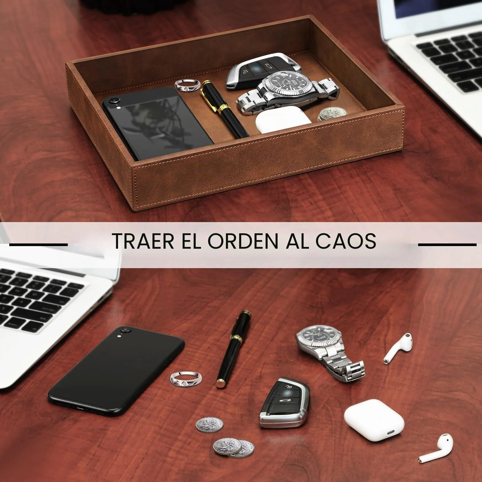 SITHON Bandeja Organizador de Escritorio, Almacenamiento Organizer de PU Cuero para Cuarto de Baño, Hogar Salón Dormitorio Soporte Caja para Joyas, Mando a Distancia, Teléfonos (Marrón)