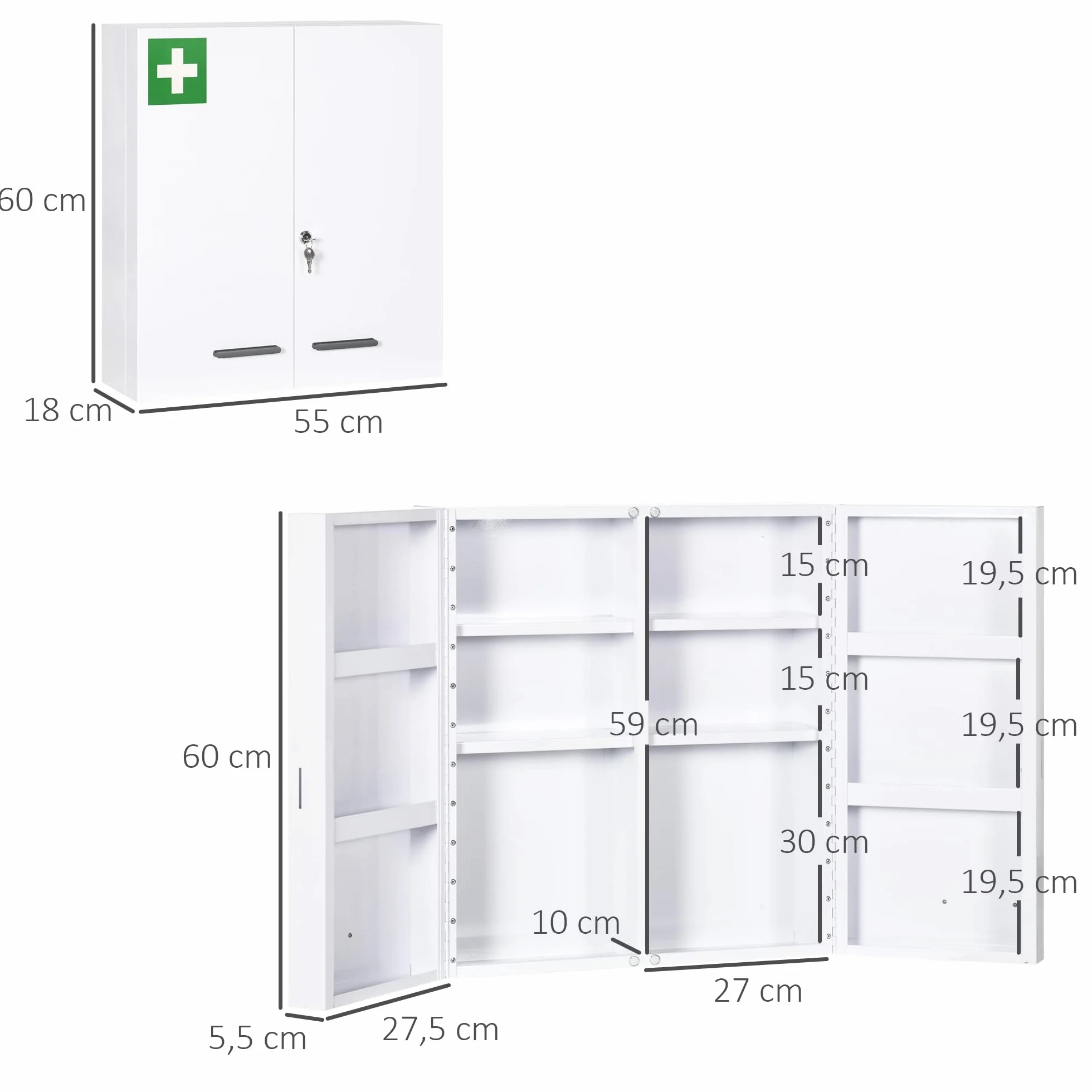 kleankin Botiquín de Pared 3 Niveles Armario Baño Acero 55x18x60 cm Blanco