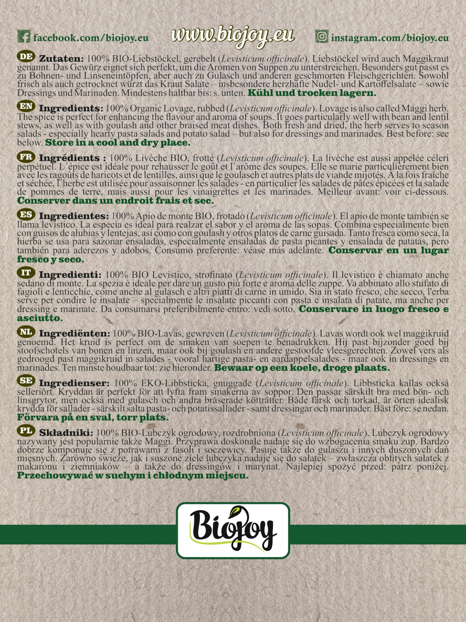 Biojoy Apio de Monte Orgánico Levístico 250 g Seco Cortado para Mezcla de Especias Té