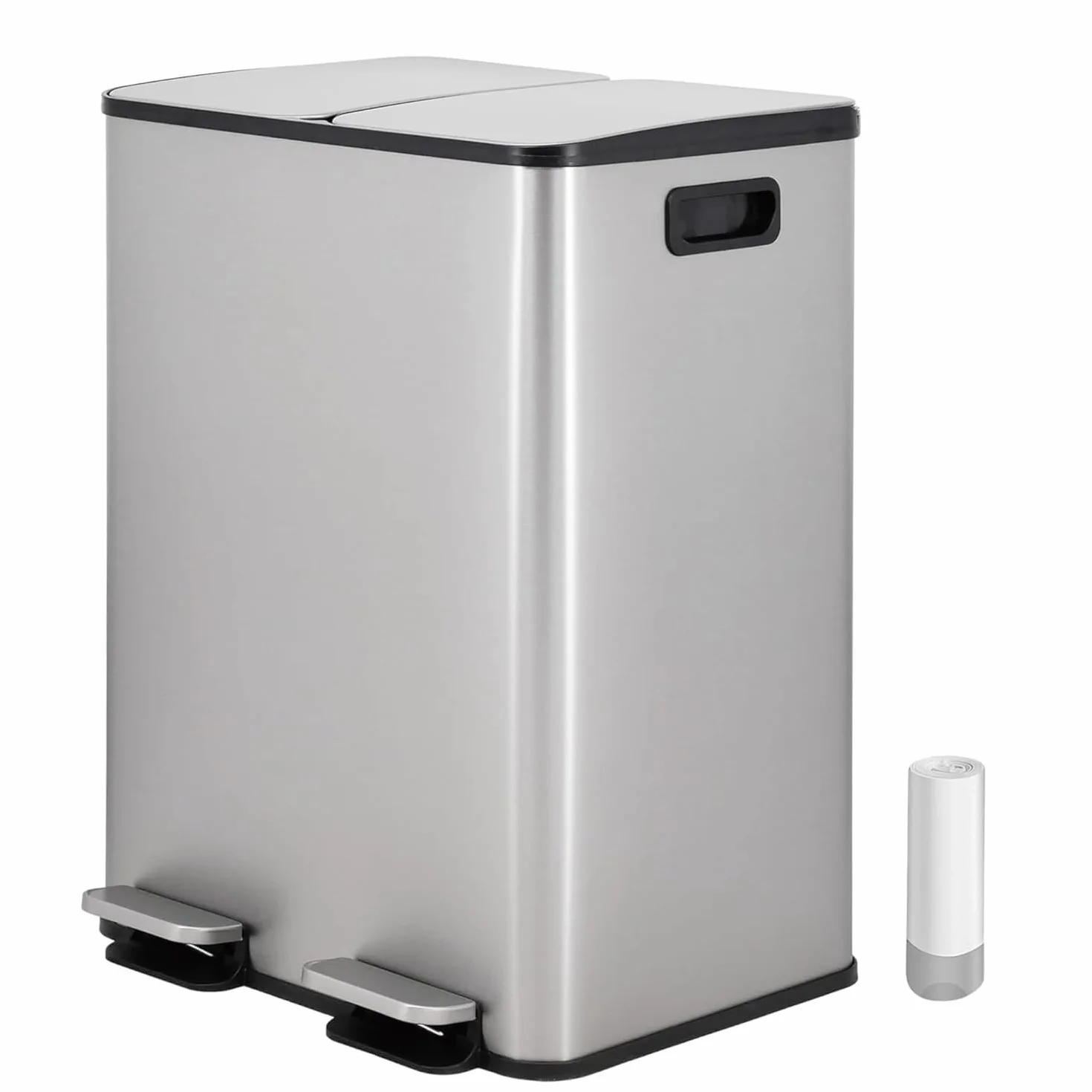 Cubo de Basura para Cocina 2 x 30L (60L), Cubo de Reciclaje Doble, de Acero Inoxidable Antihuella, Tapa de Cierre Suave y Pedal, Incluye 20 Bolsas de Basura, Compartimentos Separados