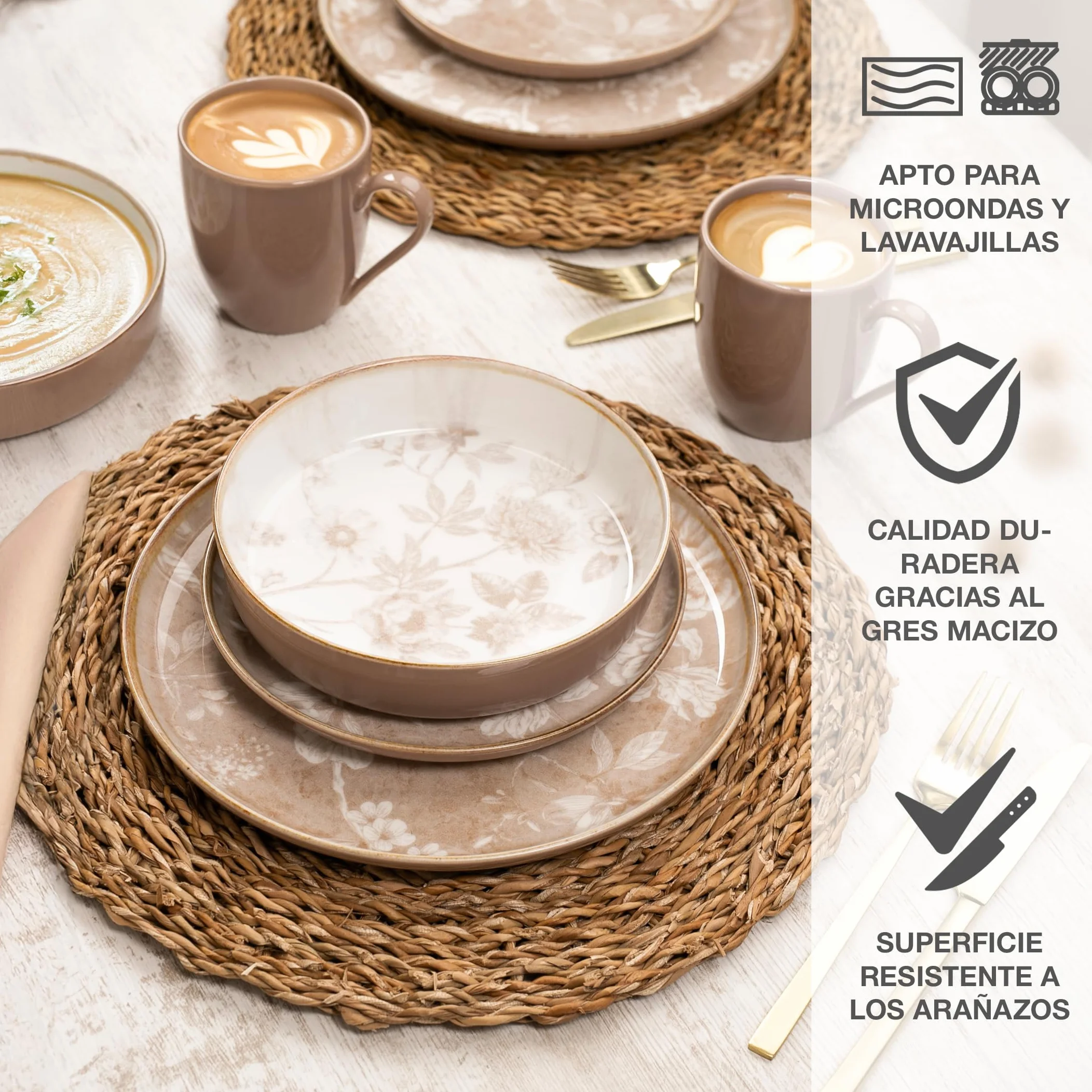 Moritz & Moritz MARIELLA - Vajilla de gres para 6 personas, 24 piezas, moderna vajilla en color beige con diseño divertido, servicio de café de fácil cuidado con platos, cuencos y tazas, vajilla