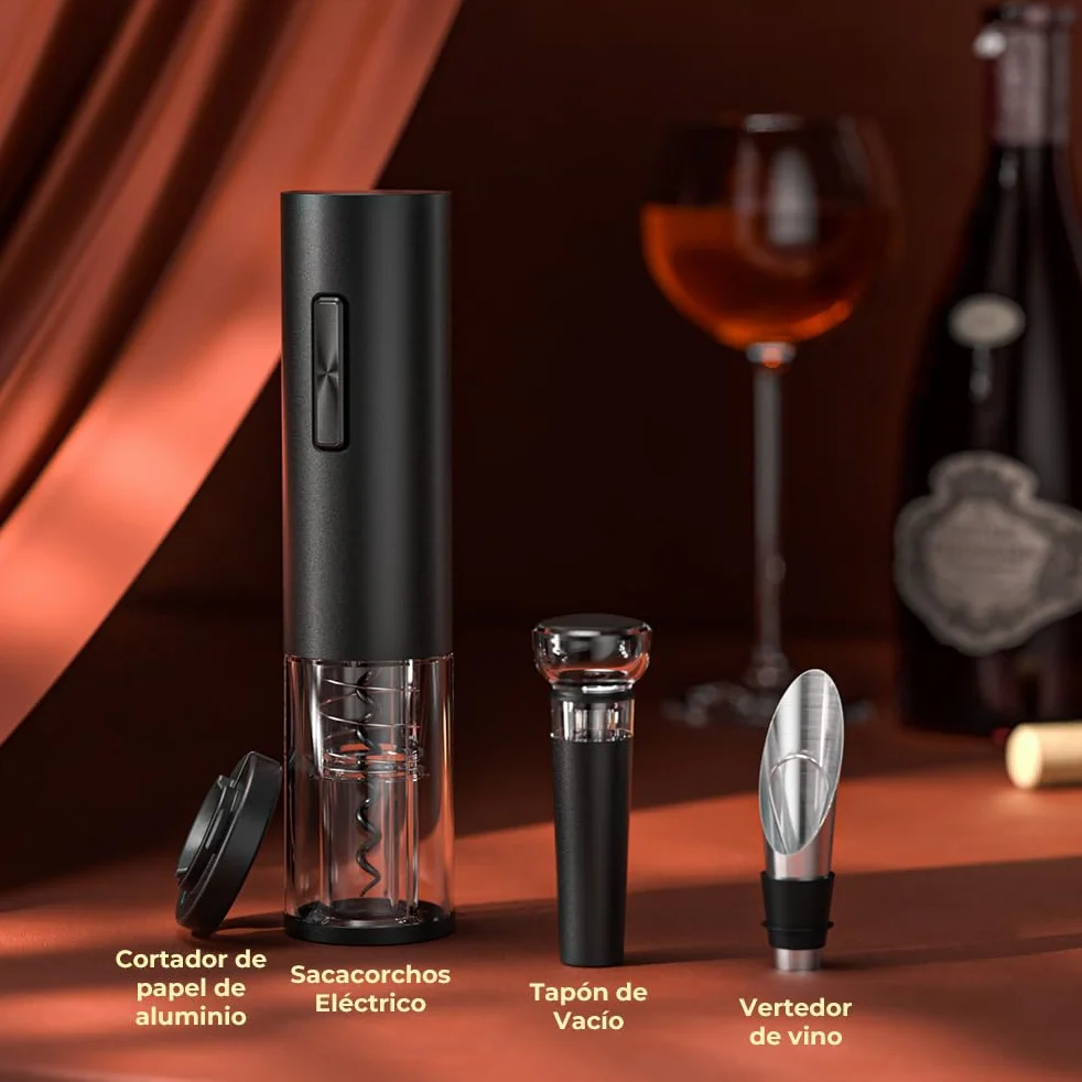 GHB Sacacorchos Eléctrico 6 en 1 Abridor de Botellas Recargable con Cortador de Papel, Vertedor, Tapón de Vacío, Aerator, Anillo de Vino, Cable USB