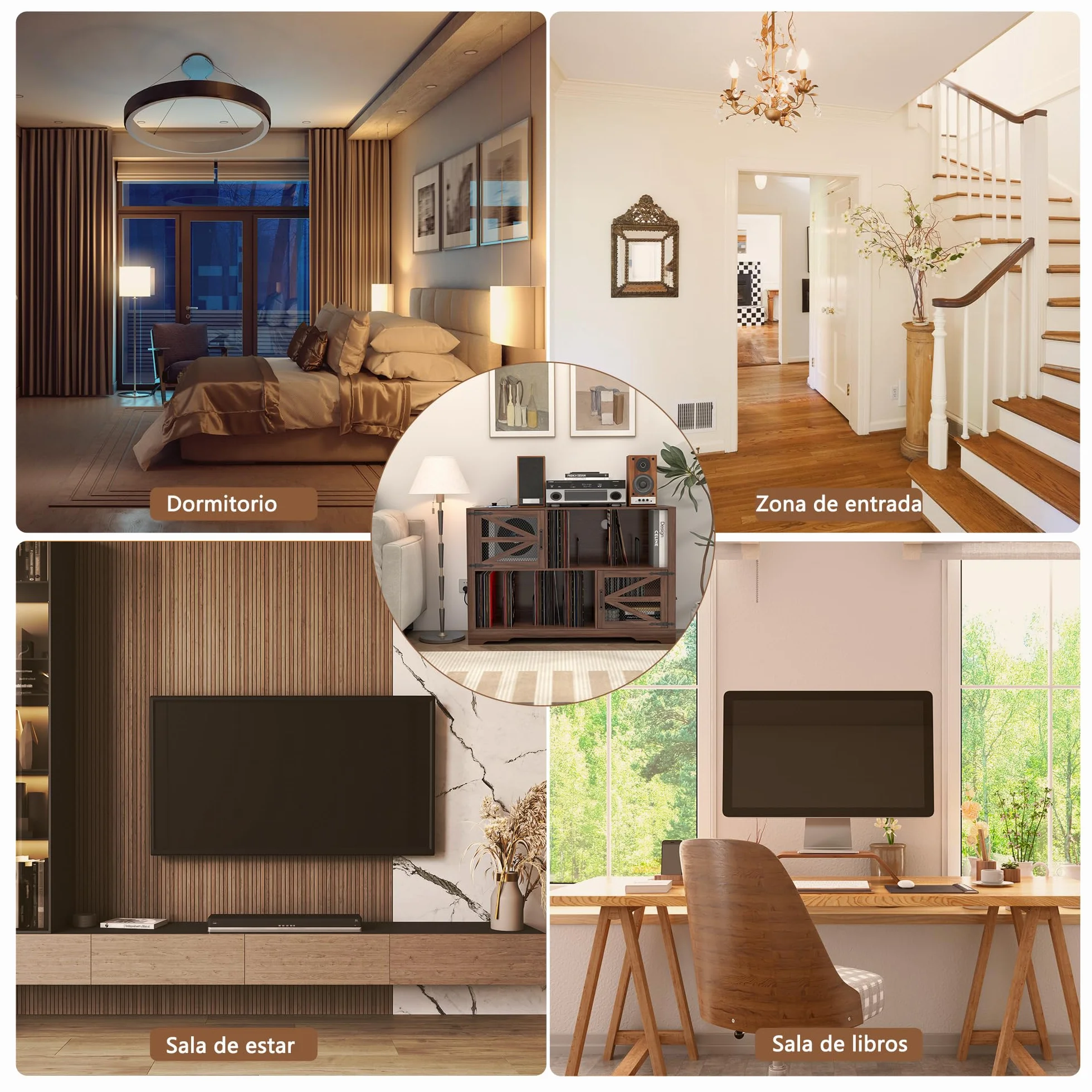 MDF Mueble para Discos de Vinilo con Acabado Nogal,Soporte para 500+ Vinilos, 2 Enchufes & 2 USB, Antivuelco, Mueble Compacto para Salón y Tocadiscos,Color Nogal（120×40×80cm）