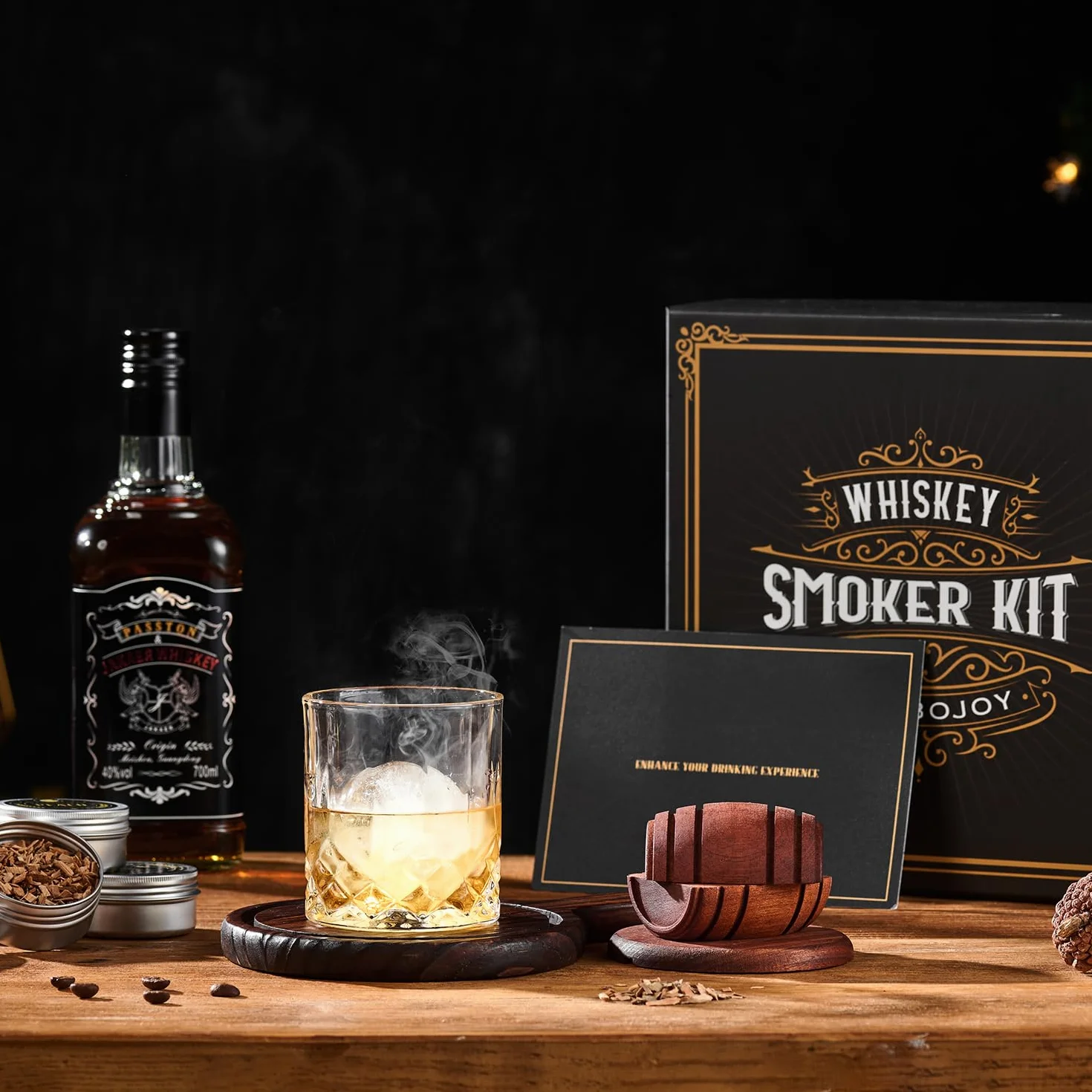 Kit de ahumador de whisky con antorcha, 6 sabores, chips de madera, 2 vasos, 2 moldes de bolas de hielo