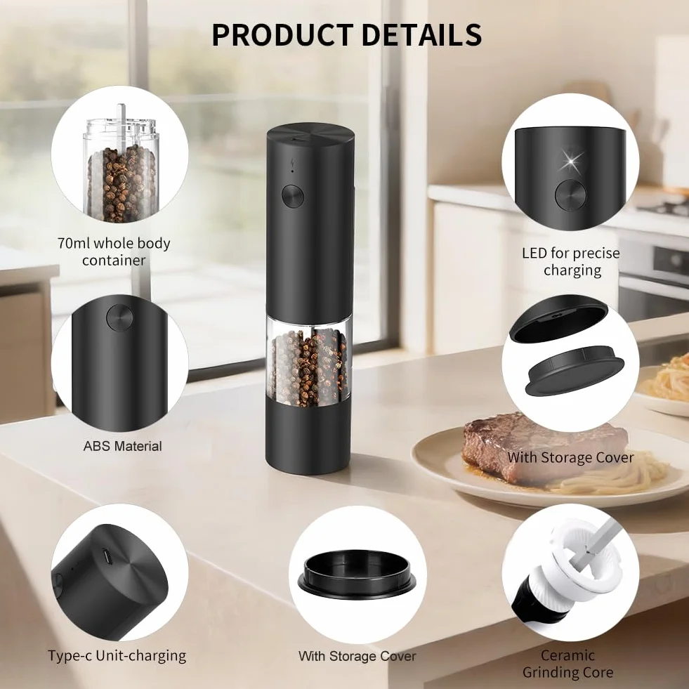 AXFEE Molinillo de Pimienta Eléctrico Recargable USB Tipo-C, 70 ml para la Cocina, Ajuste de Grueso, Funcionamiento con Una Mano, Molido Automático por Gravedad, para Cocina y Barbacoa(1 Unidade)