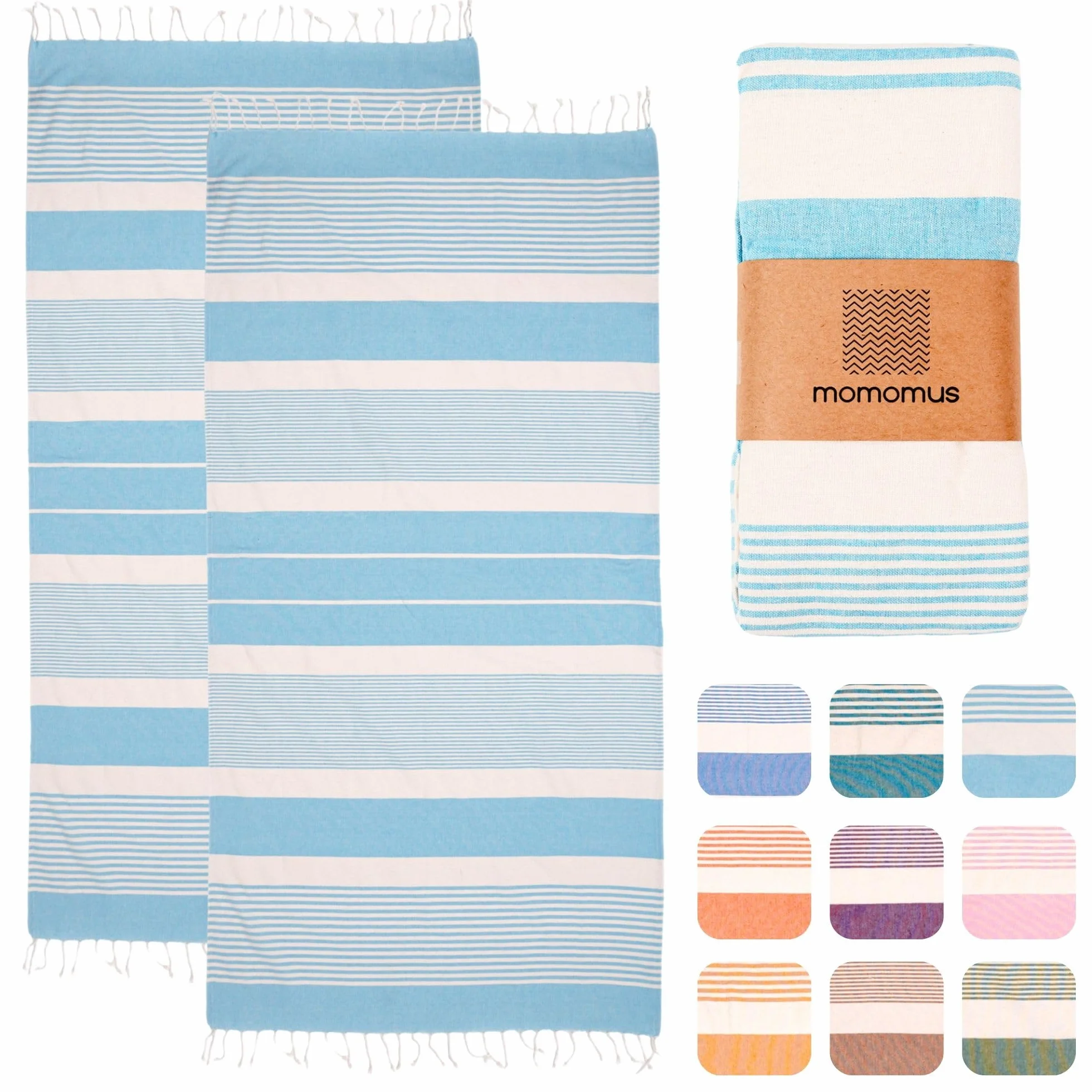 MOMOMUS Pack de 2 Foutas XL o Toallas de Playa Grandes de Algodón 100% - Absorbente, Ultrasuave y Compacta - Ideal como Pareo de Playa o Toalla de Piscina - Turquesa, 90x180 cm