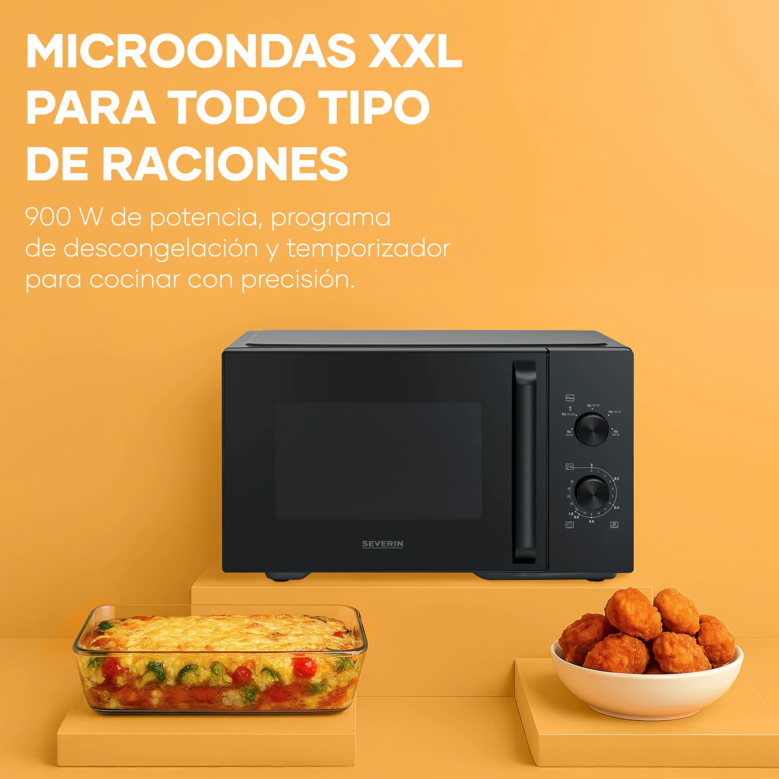 Severin Microondas, para descongelar y calentar, interior XXL, 28 l, horno microondas con plato giratorio de cristal extraíble, 5 niveles, temporizador de 35 minutos, 900 W, negro/metal, MW 7796