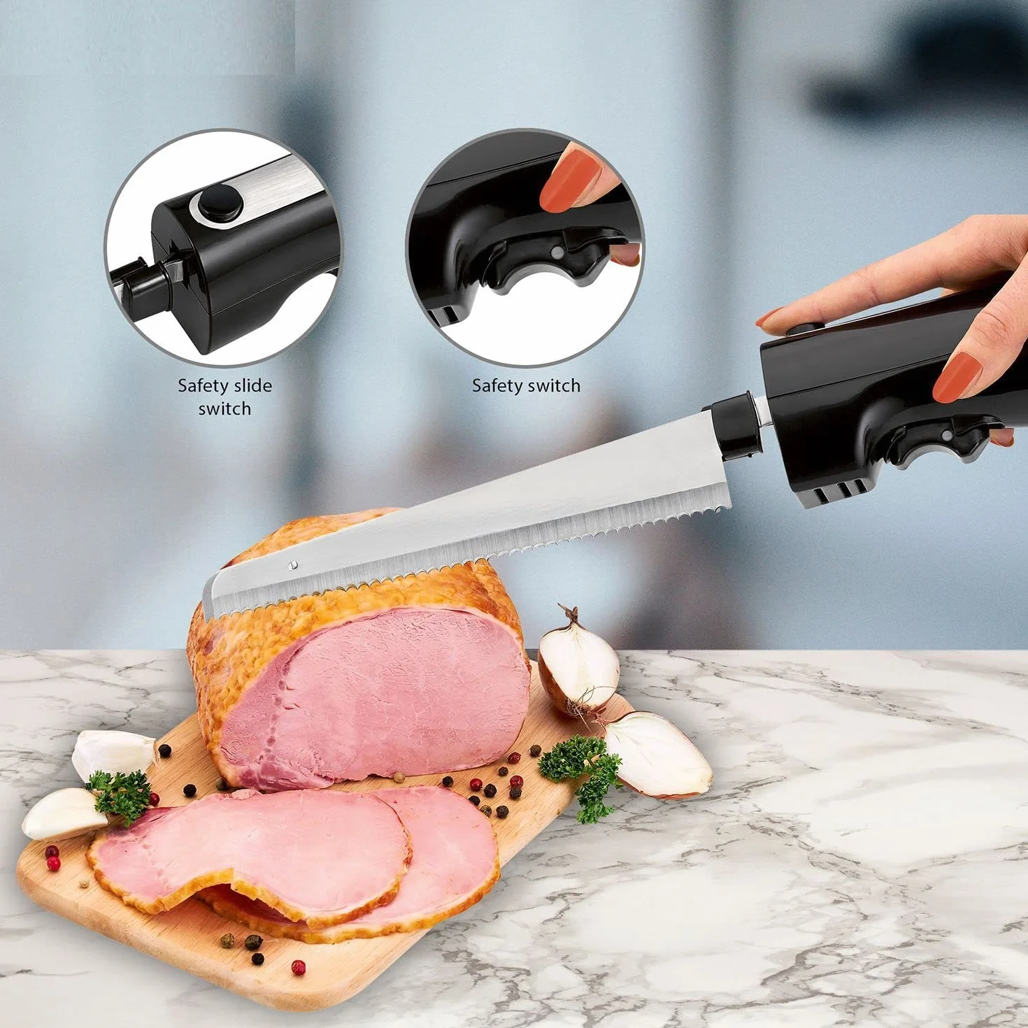 Cuchillo eléctrico para pan de carne con cuchillas dobles de acero inoxidable, incluye caja y paño de cuidado, cuchillo electrónico, potente motor de 120 W, silencioso, inoxidable, color negro
