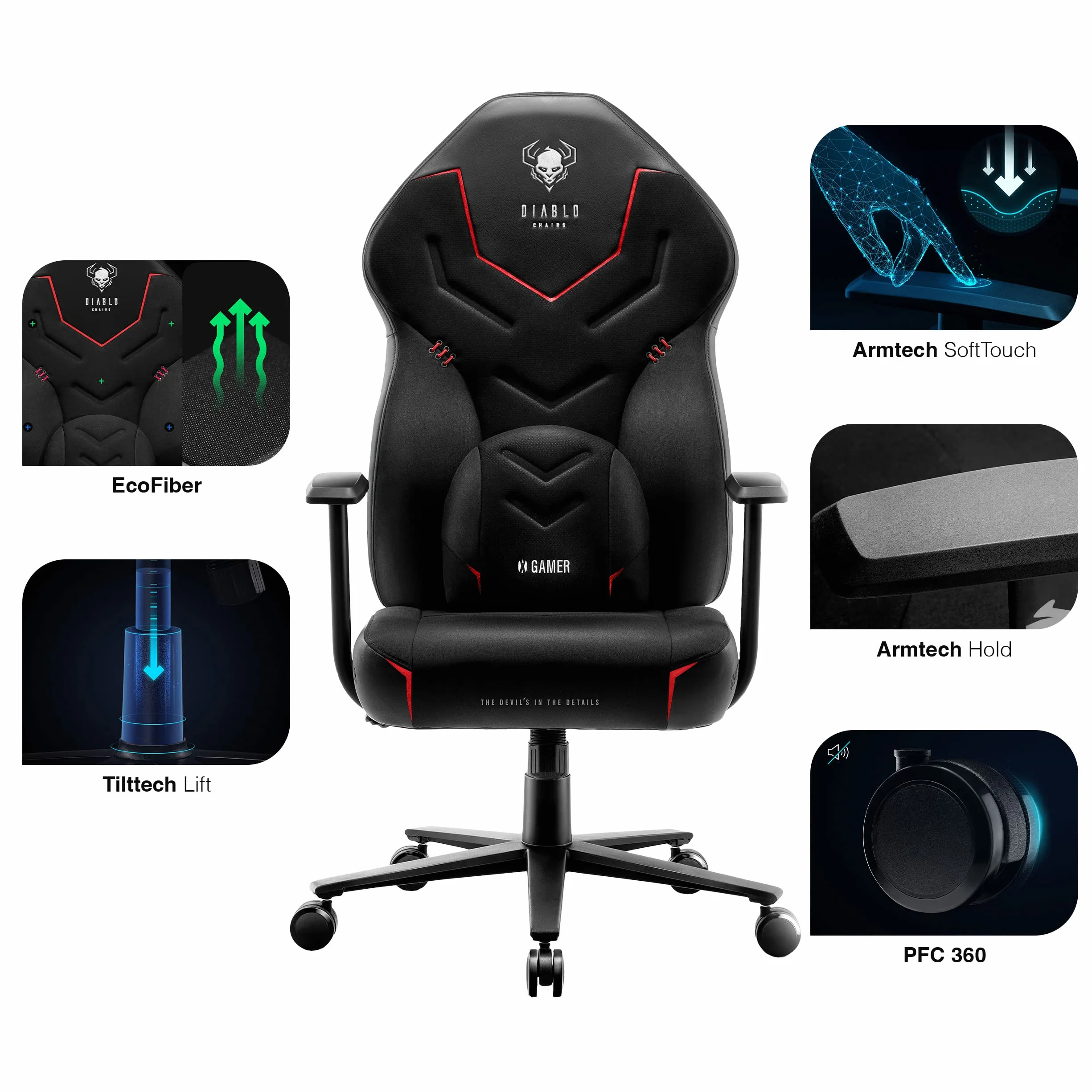 Diablo X-Gamer 2.0 Silla Gaming Gamer de Oficina Tela Diseño Ergonómico Cojín Lumbar Apoyabrazos Cómodos (Negro-Negro)