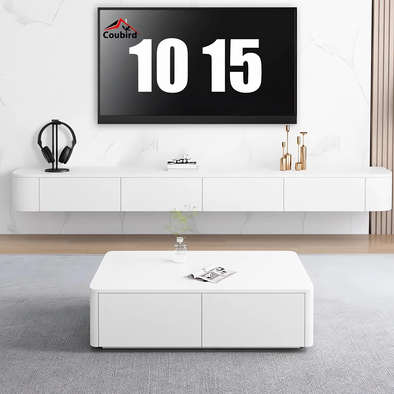Mueble de TV Flotante, Soporte de montado en la Pared con Dos cajones, Consola Multimedia para, Mueble de TV Grande para Sala de Estar y Oficina (180cm/70.8in,Blanco-A)