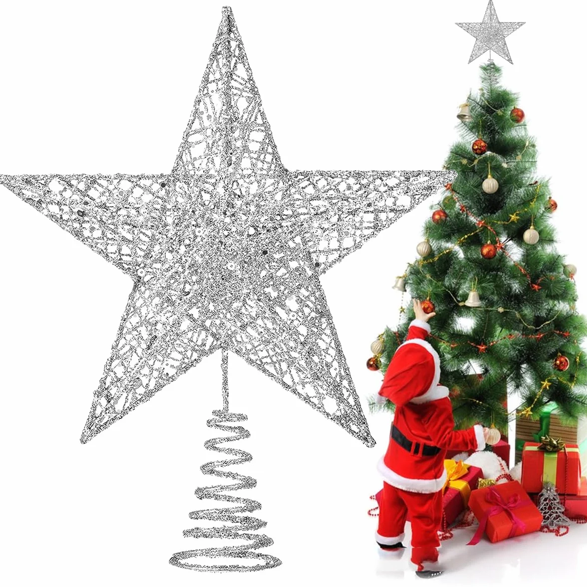 Estrella para Árbol de Navidad Plateada | Adorno con Diseño 3D Hueco y Purpurina | Decoración Universal para Copa de Árbol | Se Adapta a Todos los Tamaños | 23x20 cm, Plata