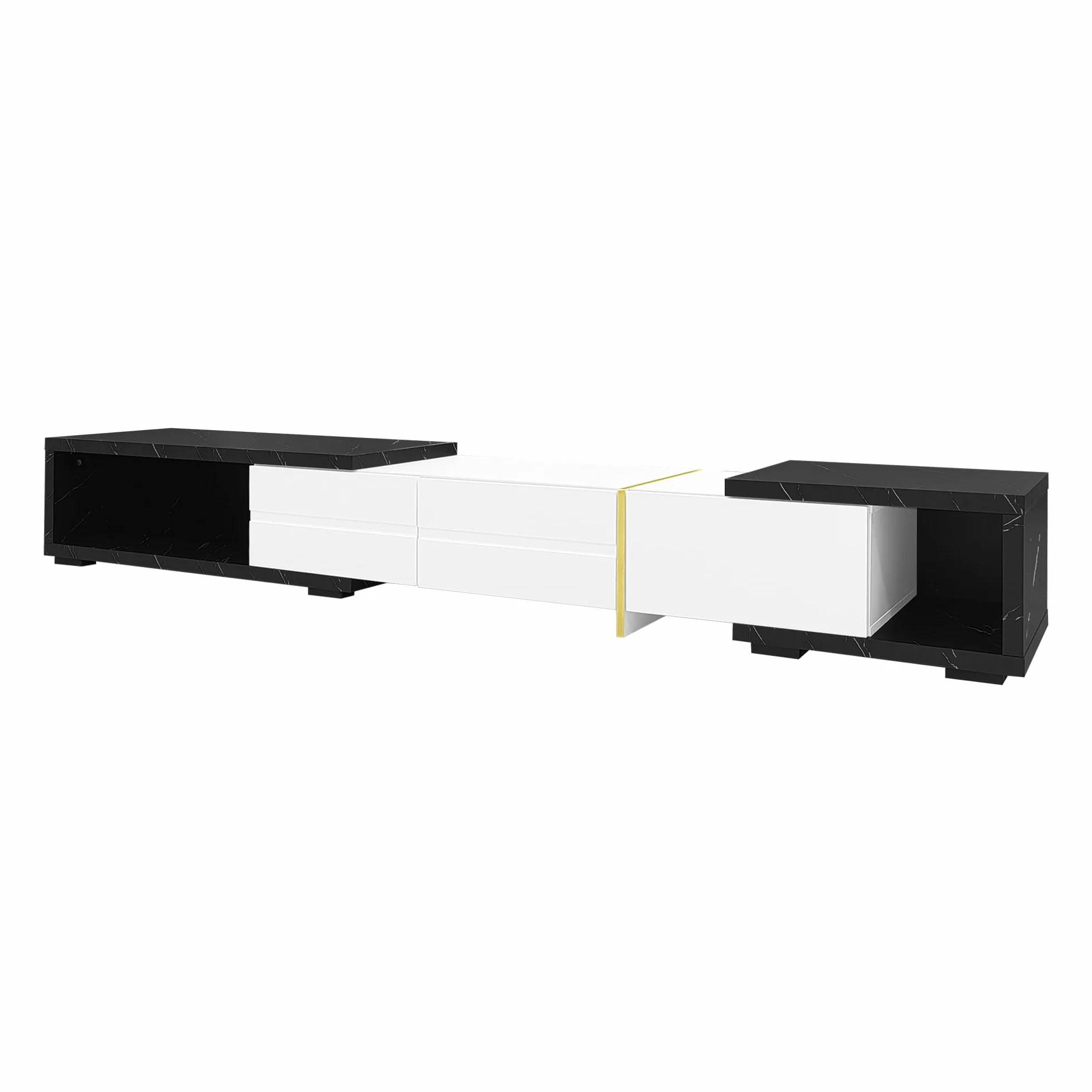 Moimhear Mueble de TV con longitud variable (140-260 cm), función giratoria, efecto mármol negro, acabado mate blanco y adornos dorados (blanco)