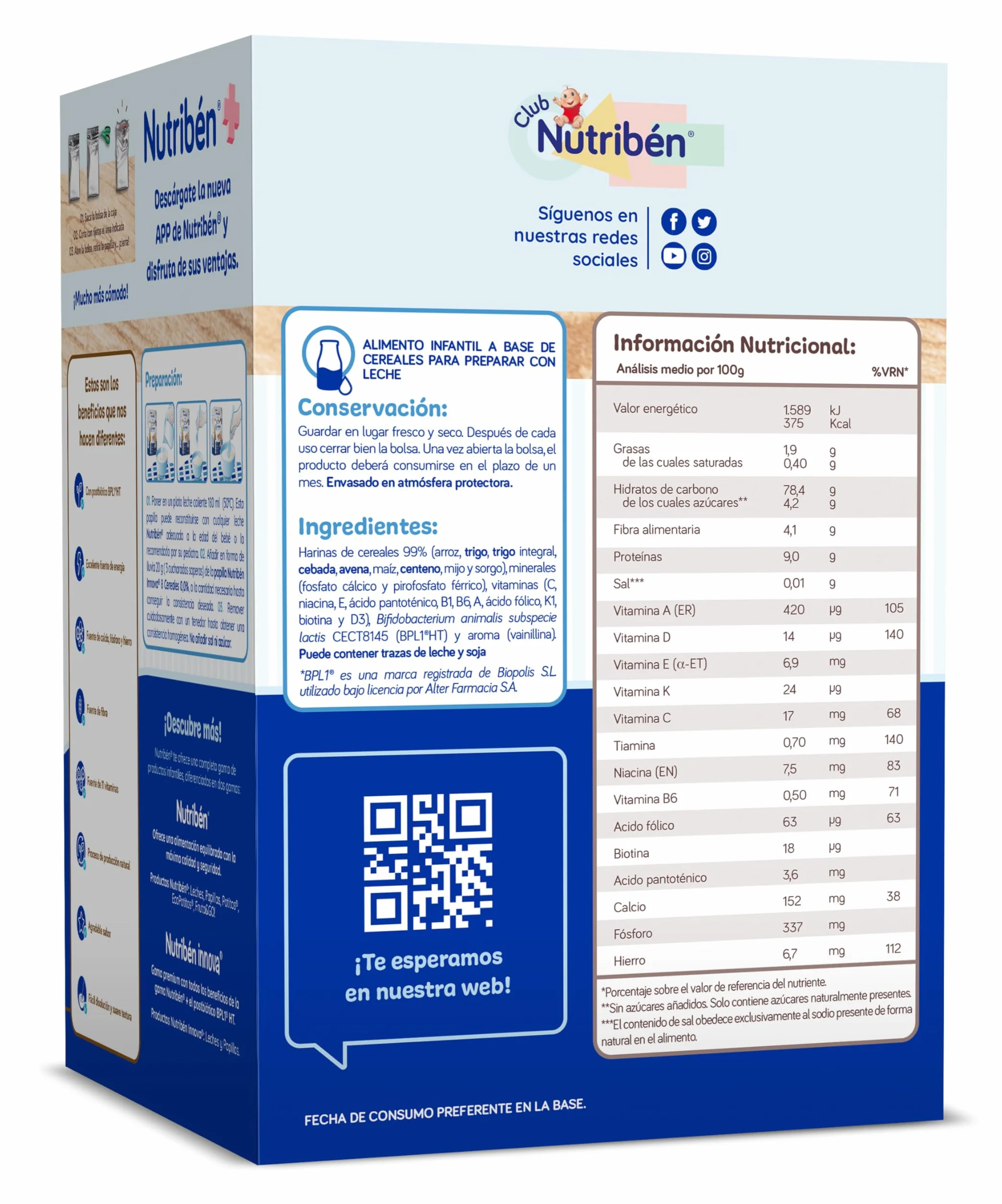 Nutribén innova ZERO 0% 8 Cereales 500g Bebés a Partir de 6 Meses 0% Azúcares Añadidos Cereales Integrales