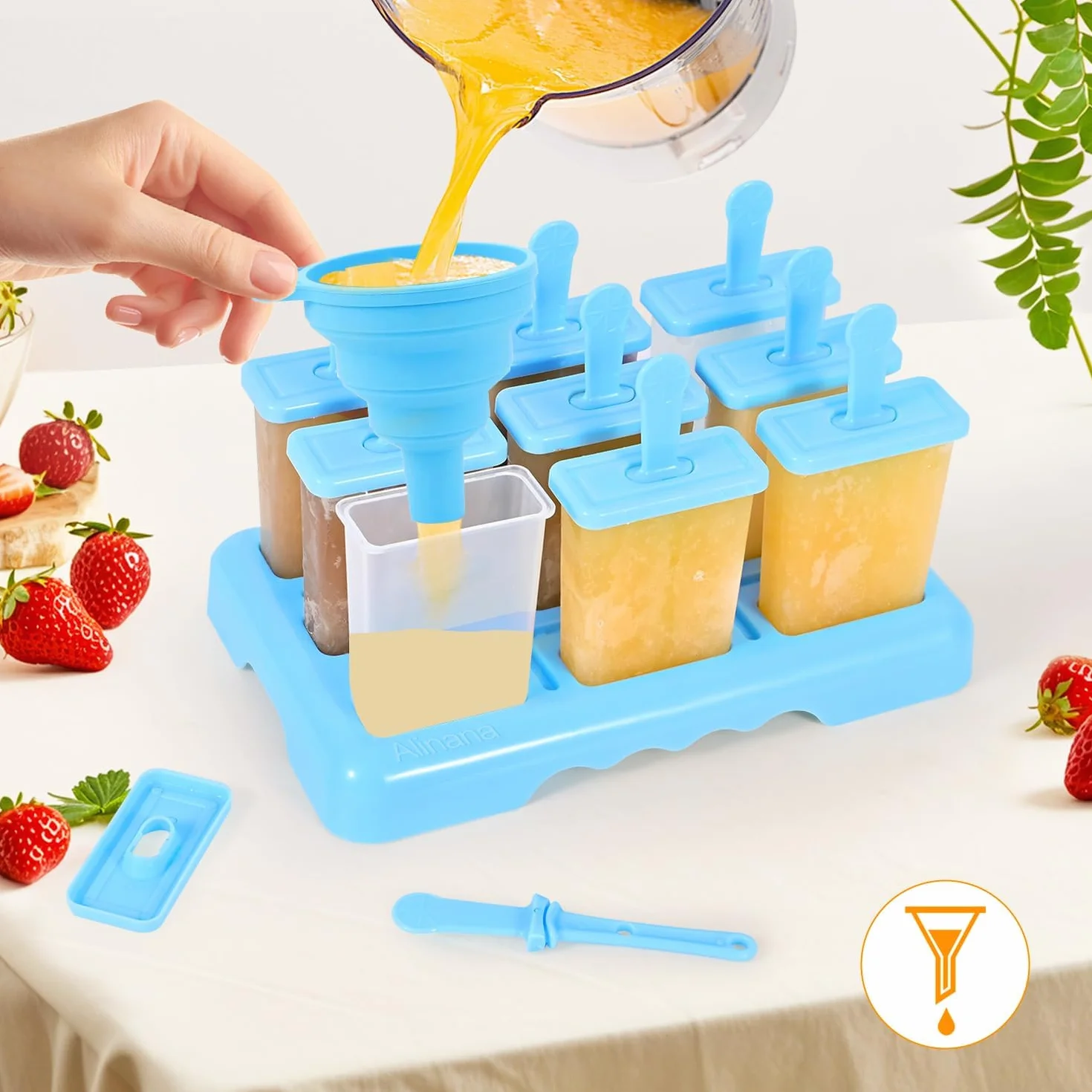 Moldes para Helados 9 Cavidades Reutilizable sin BPA, DIY Molde Helado con Palo, Cepillo y Embudo