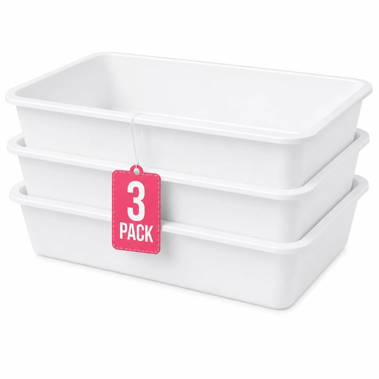 COM-FORT HOUSE Bandejas de Plástico Rectangulares Blanco, Pack 3, 34,5x23x7 cm, Organizador Multiusos para Cocina, Nevera, Baño y Almacenaje