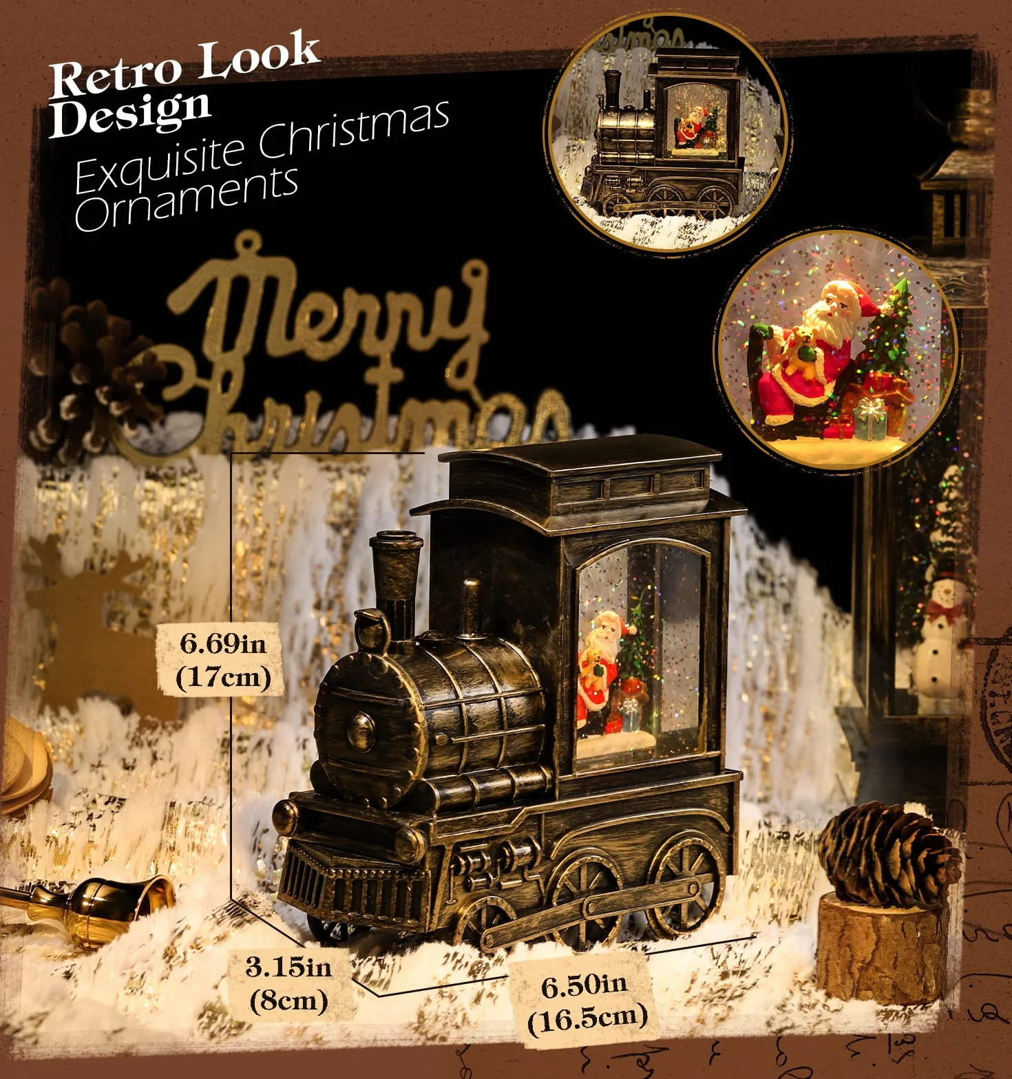 Lewondr Bola de Nieve Musical de Navidad, Caja de Música Decorativa en Forma de Tren con Papá Noel, Decoración de Mesa Funciona con Pilas/USB con Purpurina Remolinada & Proyección & Temporizador