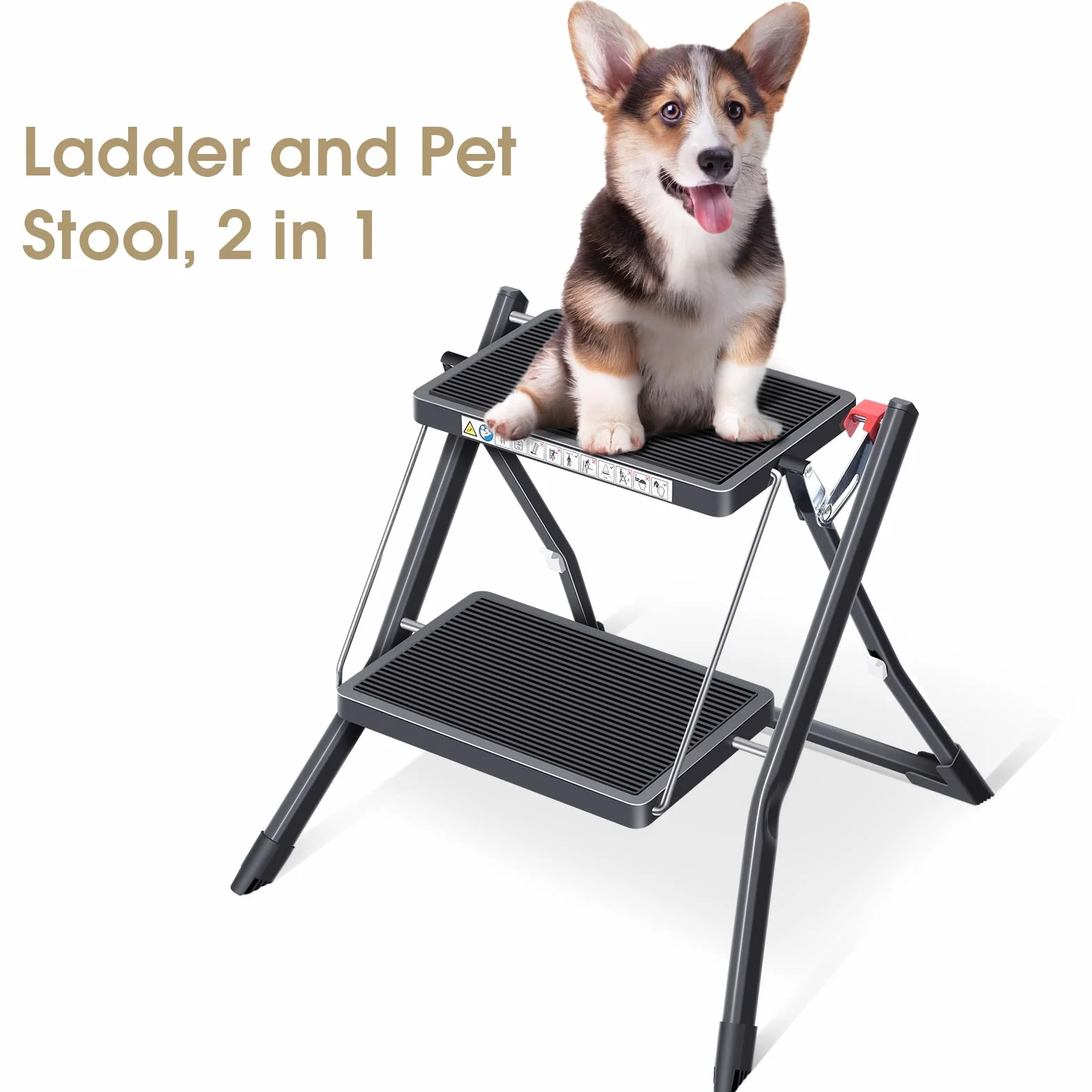 KINGRACK Taburete Plegable con Alfombrilla de Goma Antideslizante Acero Ligero 150 kg 2 Pasos Negro