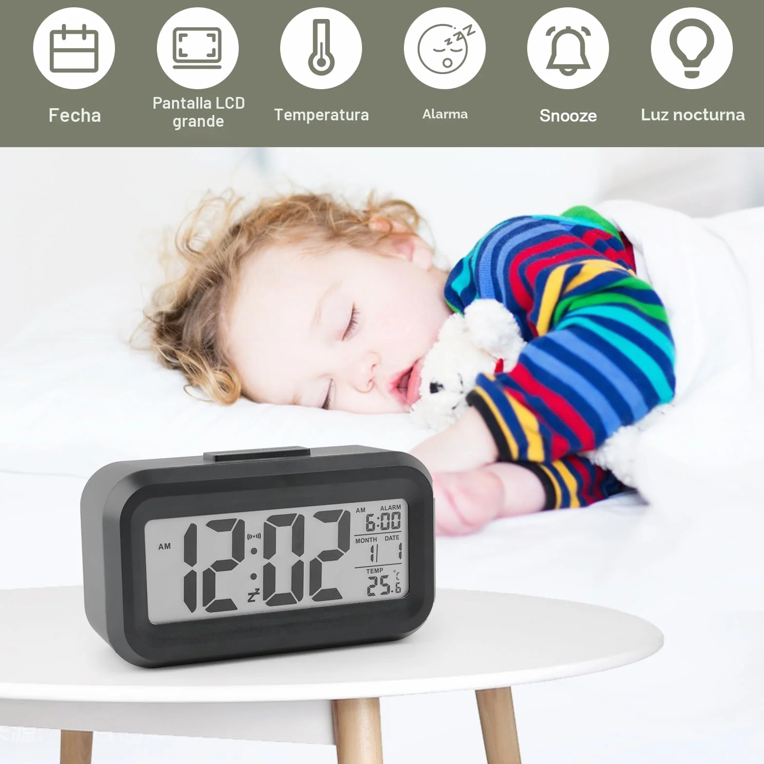 VFANDV Despertador Digital, LCD Reloj Despertador Digital con Termómetro Función Snooze Reloj Inteligente de Cabecera a Pilas Reloj de Mesa de Viaje para Sala de Oficinas Familiares