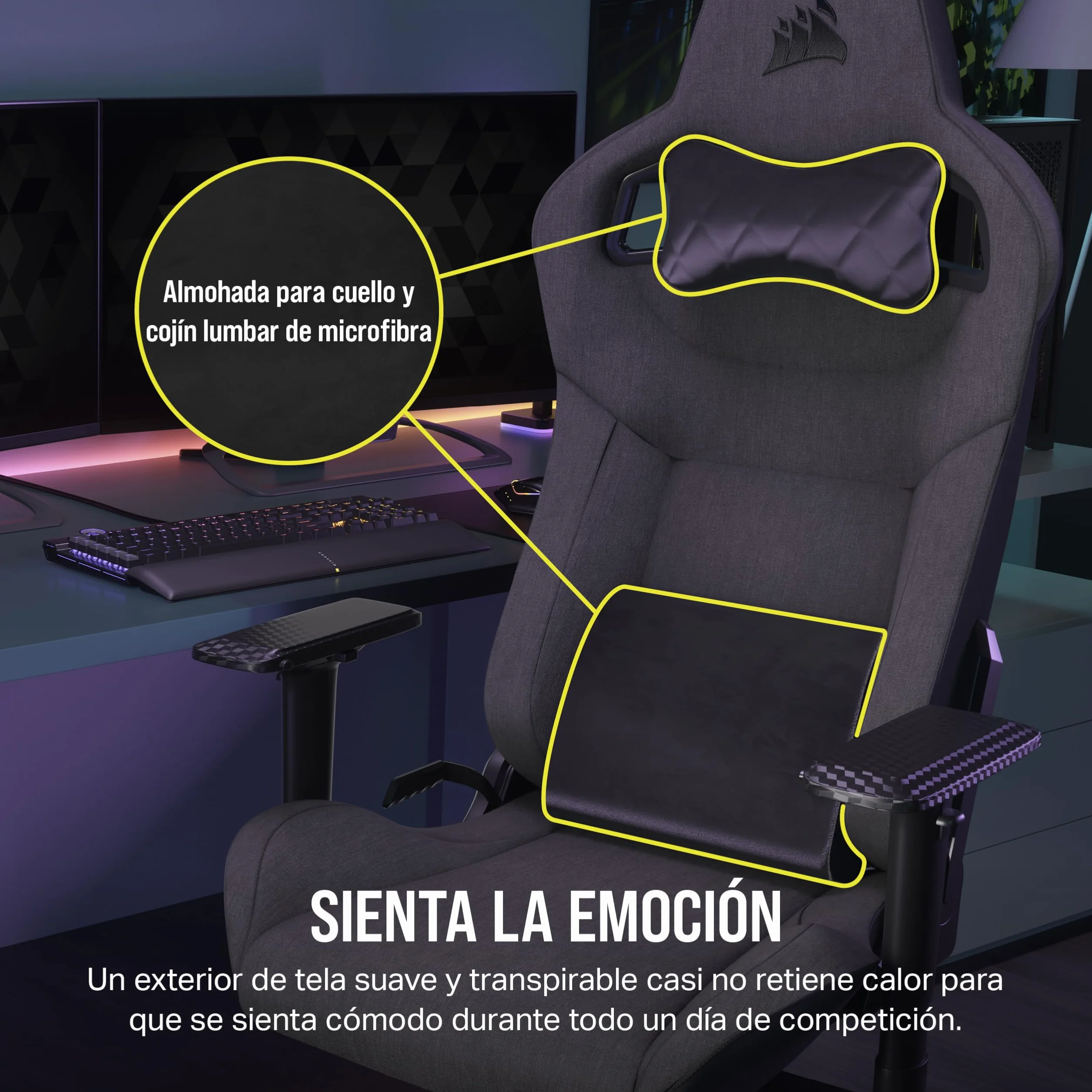 Corsair T3 Rush Fabric Silla para Juegos Carbón 2023 Almohada Cervical Soporte Lumbar Espuma Viscoelástica