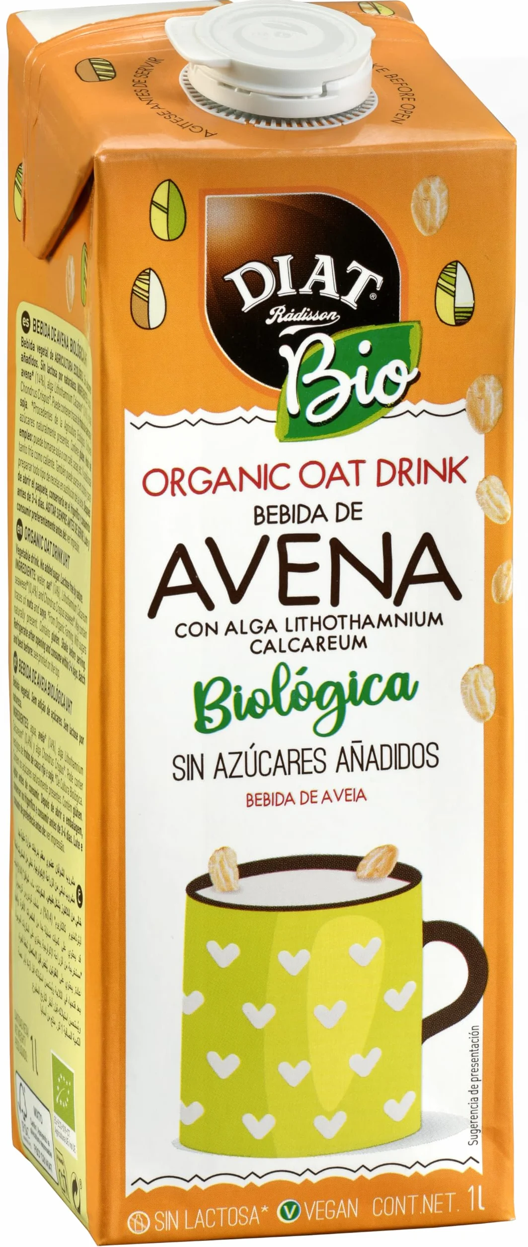 Bebida de Avena con Calcio Bio DIAT Radisson, Ecológica, Sin Azúcar Añadido, Baja en Grasas Saturadas, Sin Lactosa, Vegana