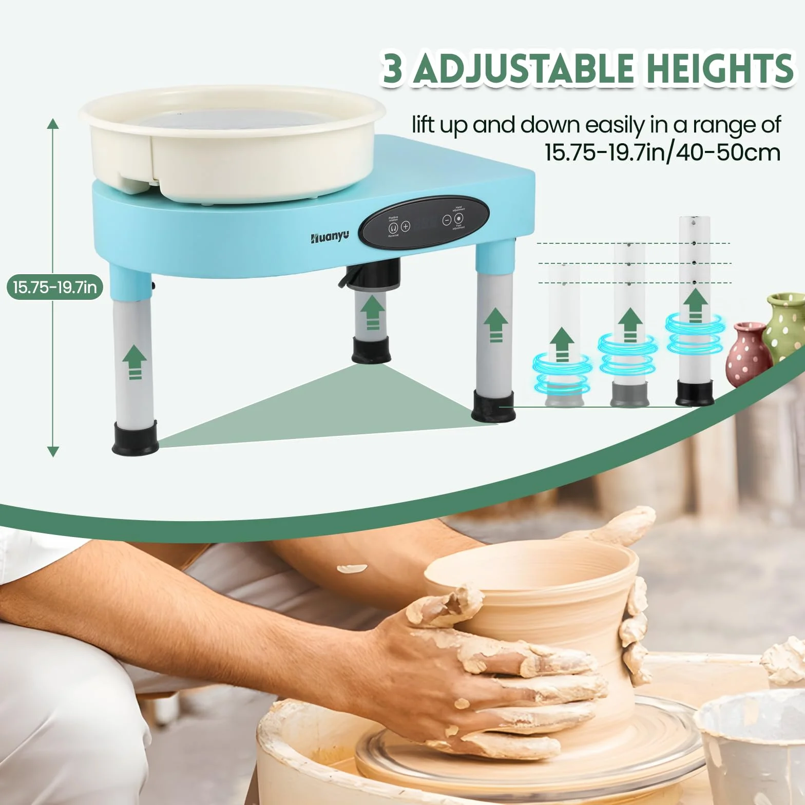 Huanyu Volante de Alfarería de 30cm con Patas Ajustables y Pedal 350W Máquina Eléctrica de Cerámica con Cubeta Desmontable 0-320RPM Máquina Formadora de Cerámica con Kit de Herramientas de Alfarería