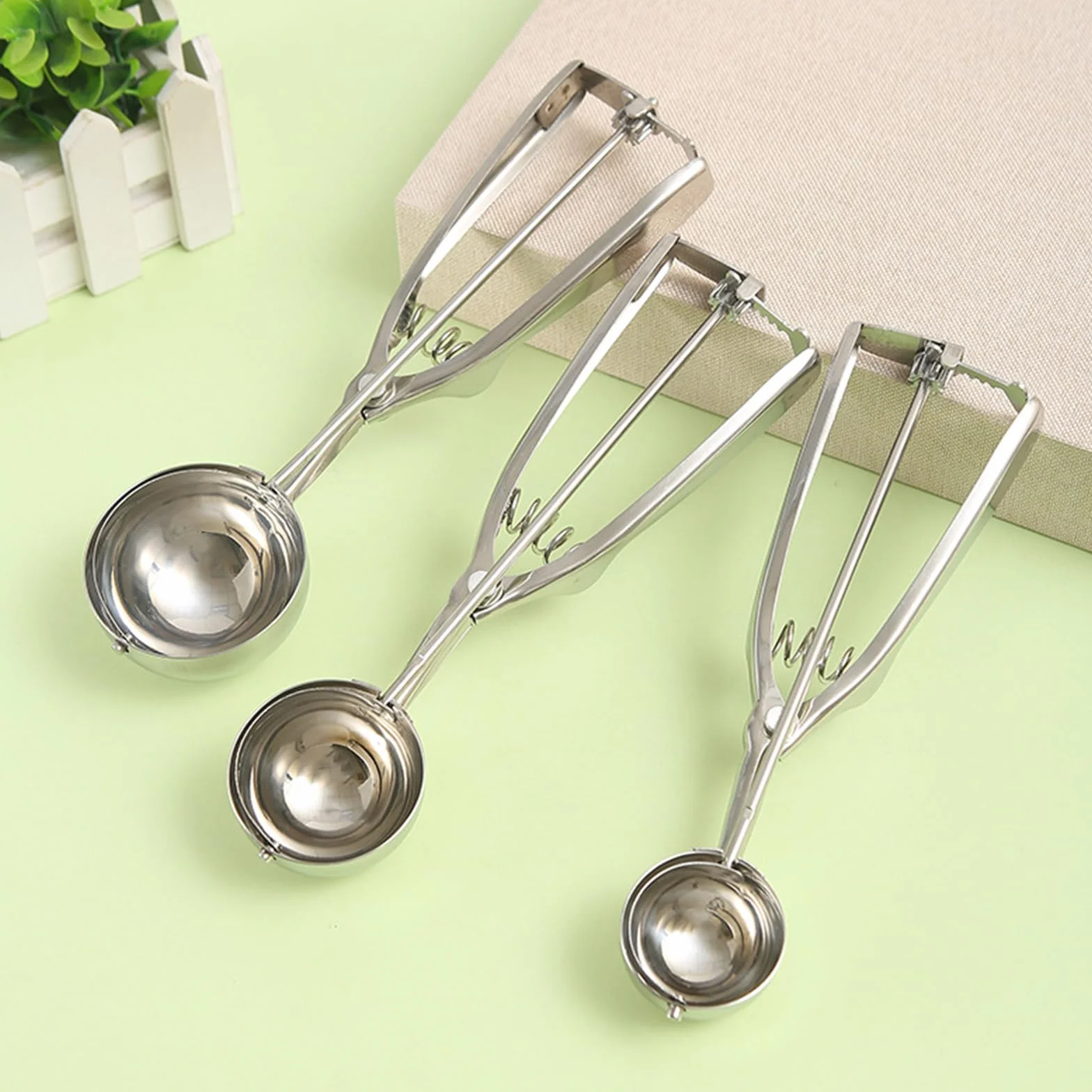 Cuchara para Helado de Acero Inoxidable 3 Piezas con Gatillo Sacabolas 4 cm, 5 cm, 6 cm Dosificador