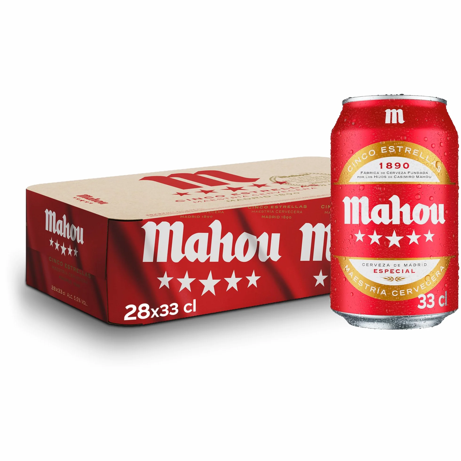 Mahou 5 Estrellas Cerveza Especial Dorada Lager Pack 28 Latas x 33 cl 5.5% Vol