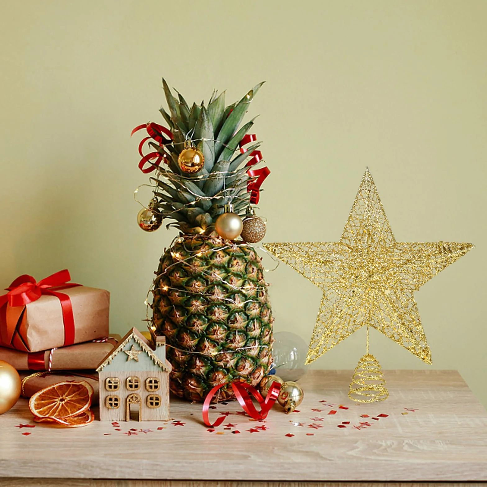 Estrella para árbol de Navidad Decoración de Fiesta de Navidad, Topper de árbol de Navidad Dorado, Estrella Árbol de Navidad Topper, Adornos Navideños para Arbol