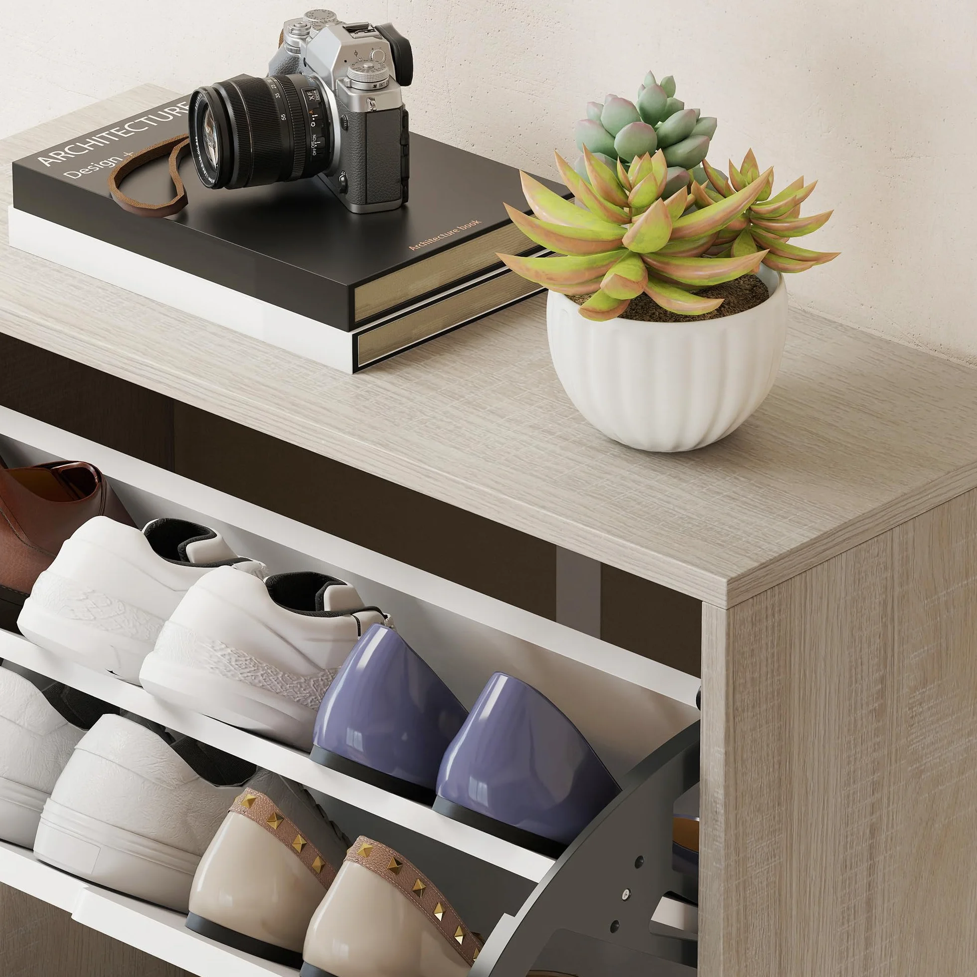 HOMCOM Zapatero Estrecho, 3 Puertas Abatibles, Zapatero Entrada Recibidor para 18 Pares de Zapatos, para Pasillo, Espacios Reducidos, 62,5x26x117,5 cm, Roble y Blanco