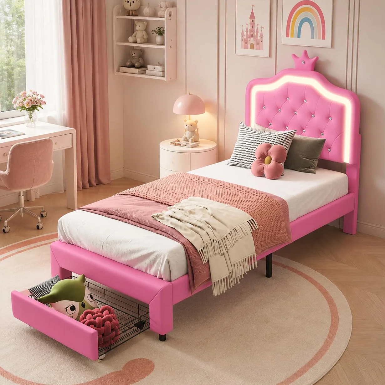 Cama para Niña 90x200 con LED RGB, Regulable en Altura, Cama Individual con contenedor, Cama Infantil, en Forma de Corona, Somier de Láminas de Madera, PU, Sin colchón (Rose-C, 90x200 cm)