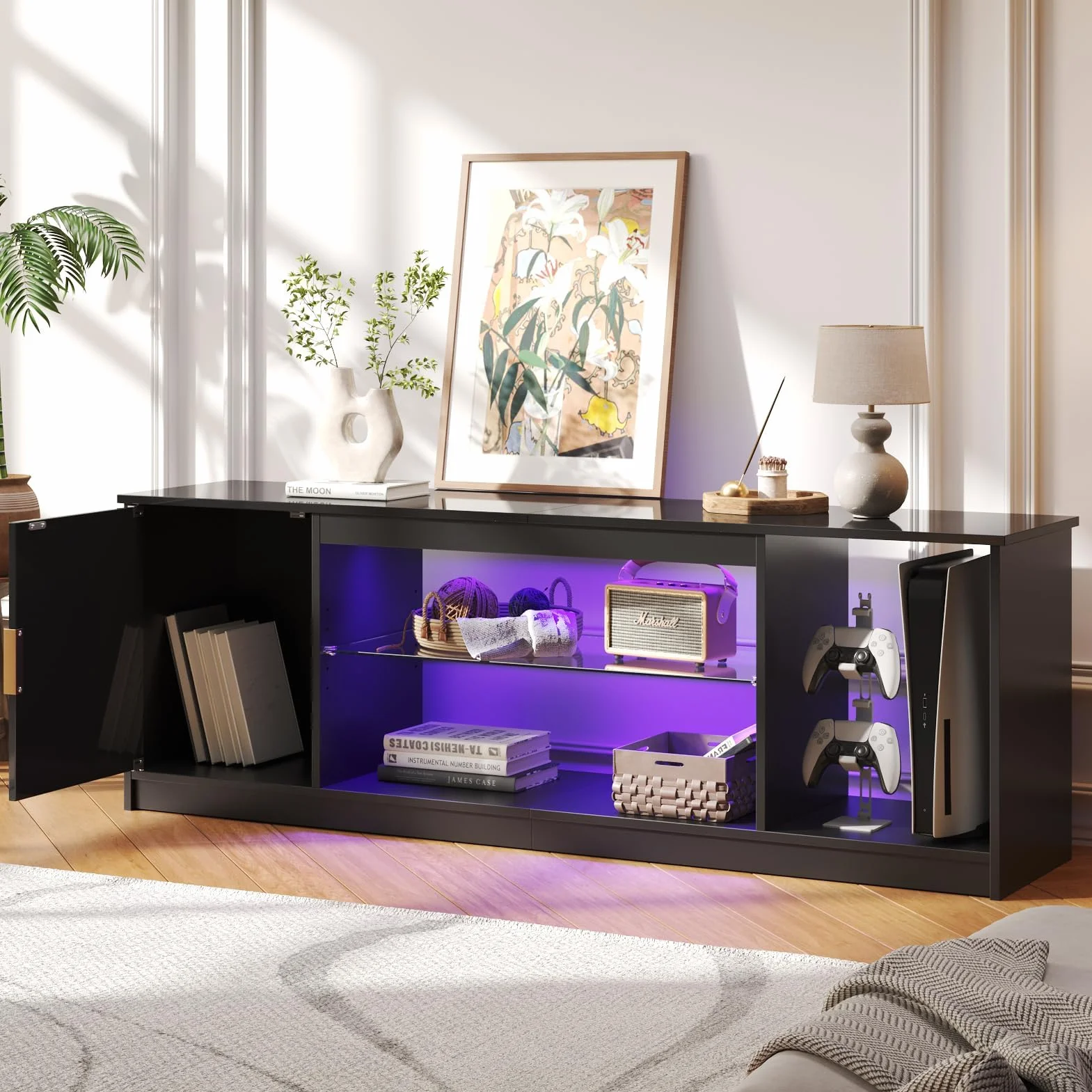 Bestier Mueble de TV para TV de 65 Pulgadas,Centro de Entretenimiento LED Gaming con Soporte Acanalado Brillante para PS5 y Xbox,Consola de TV con Estantes de Vidrio Ajustables,Negro Brillante