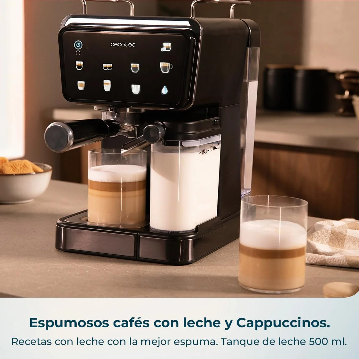 Cecotec Cafetera Express Semiautomática Power Espresso 1350W 20 Bares Pantalla Táctil 1.5L Depósito Agua 500ml Leche