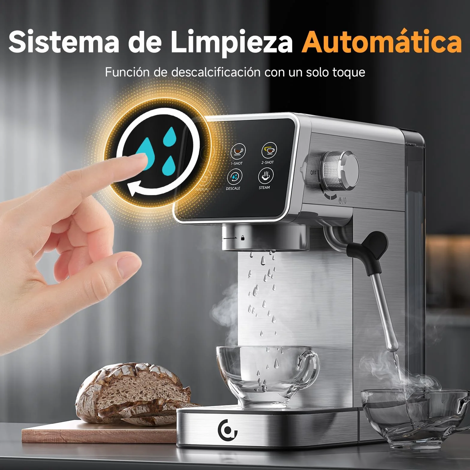 AMZCHEF Cafetera Espresso 20 Bar de Acero Inoxidable con Pantalla LED Táctil, Cafetera Express con Autolimpieza y Vaporizador de Leche, Compacta para Cappuccino y Latte, Ideal para Casa y Oficina