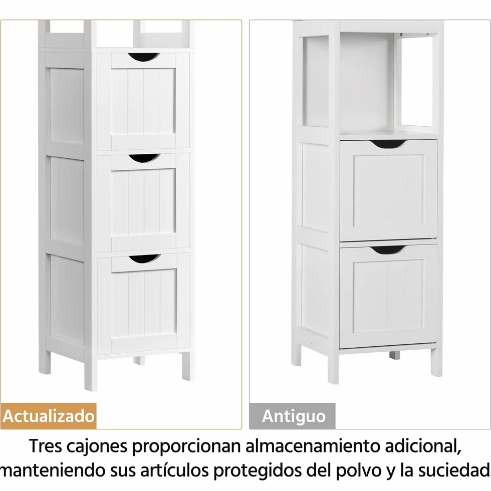 Yaheetech Armario Alta de Baño Mueble Auxiliar 2 Estantes Abiertos 3 Cajones 30x30x142 cm Blanco