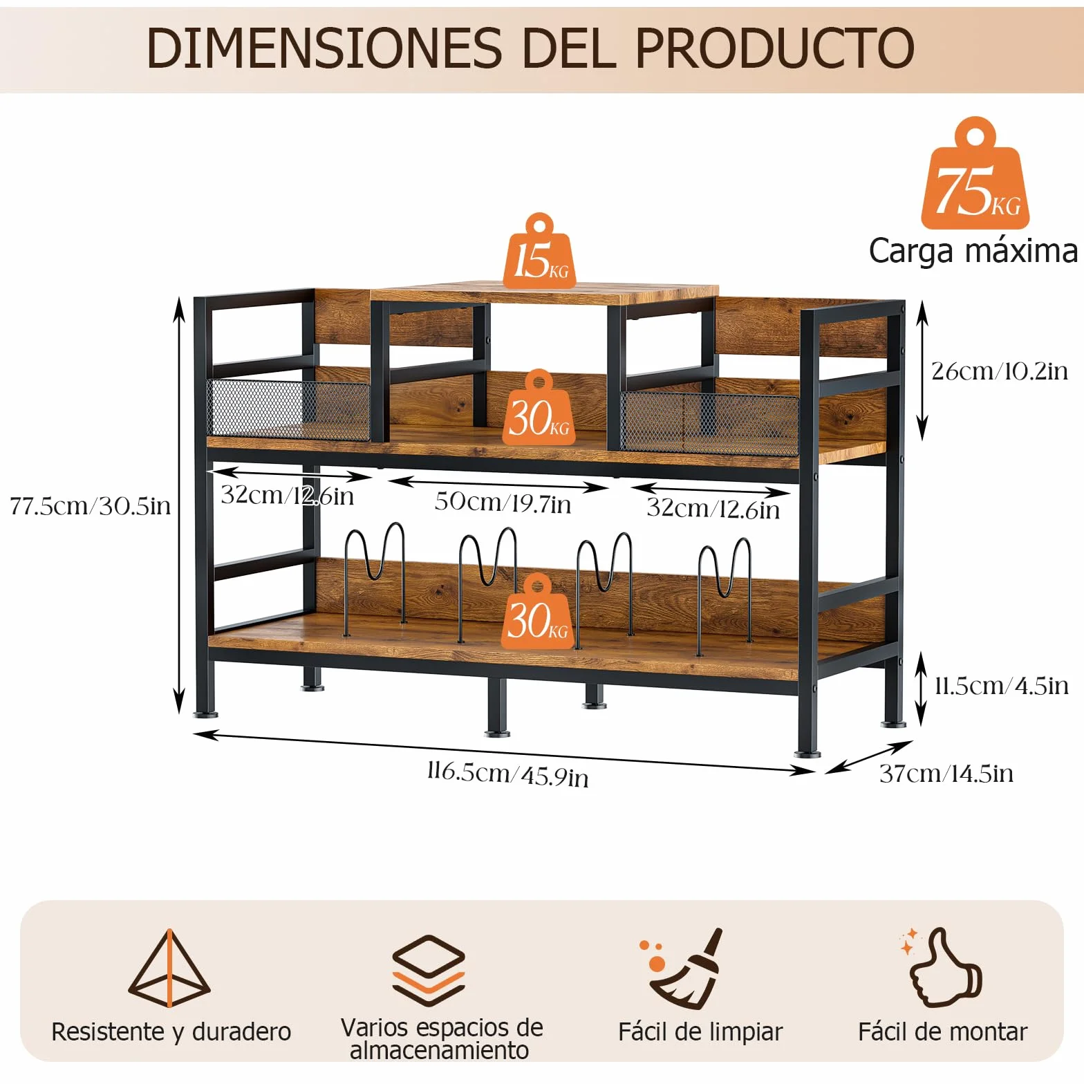 Mueble para Tocadiscos con Almacenamiento de Vinilos, Estantería Retro 3 Niveles, Capacidad 350 LPs, 116.5×37×77.5cm