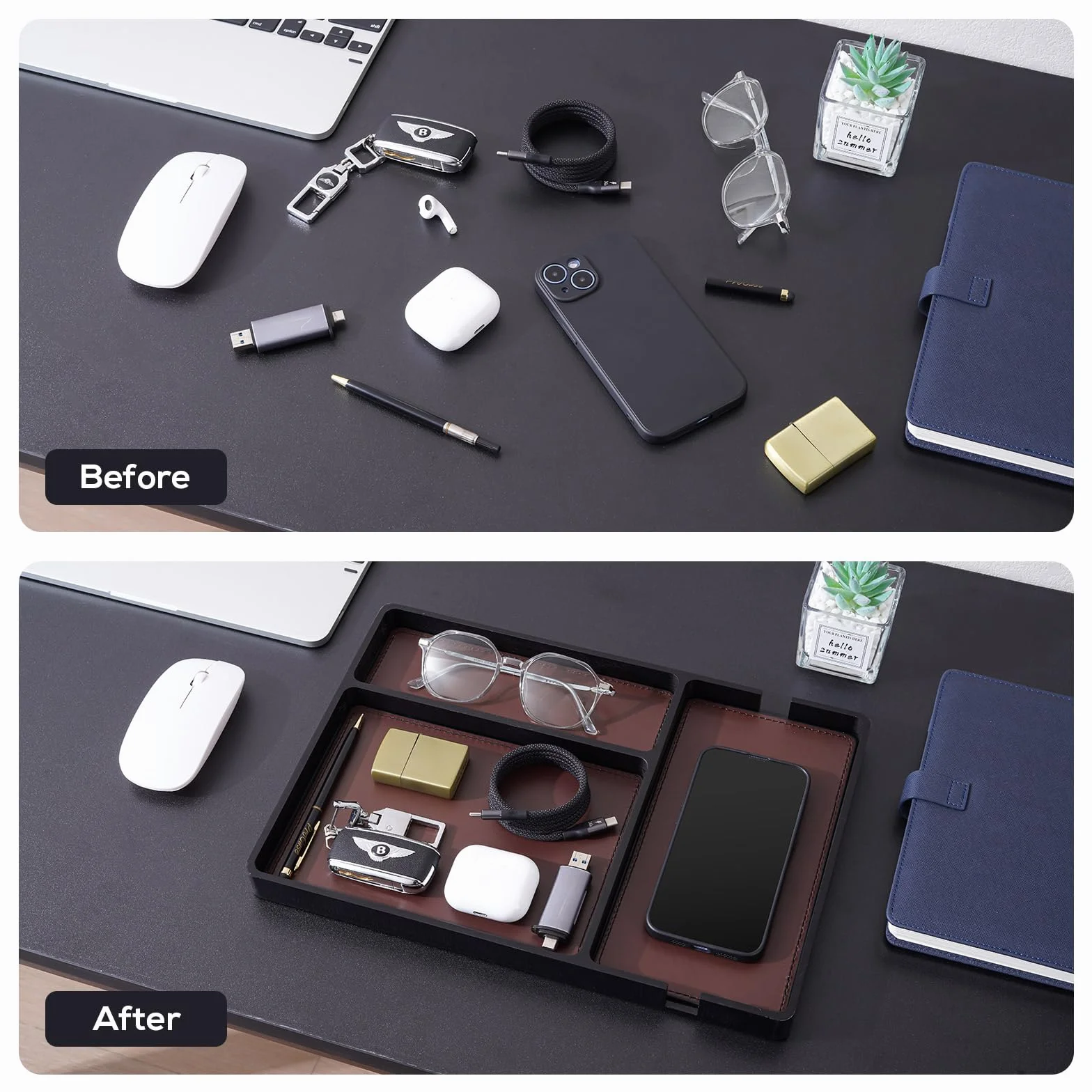 Procase Bandeja de Madera con cojín de Cuero removible para Hombres, Organizador EDC para mesita de Noche, recibidor, Dormitorio, Plato de Almacenamiento para Joyas, Llaves, Perfume, Reloj - Negro