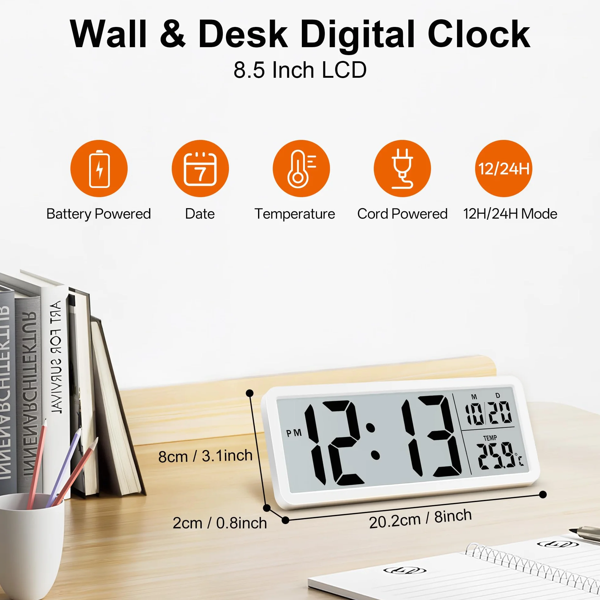 Lafocuse 8.5" Reloj de Pared Digital Pilas, LCD Pantalla Grande Silencioso, Reloj Digital de Pared et de Sobremesa con Temperatura, Fecha, 12/24 Horas, para Salon Cocina Dormitorio Oficina, Blanco