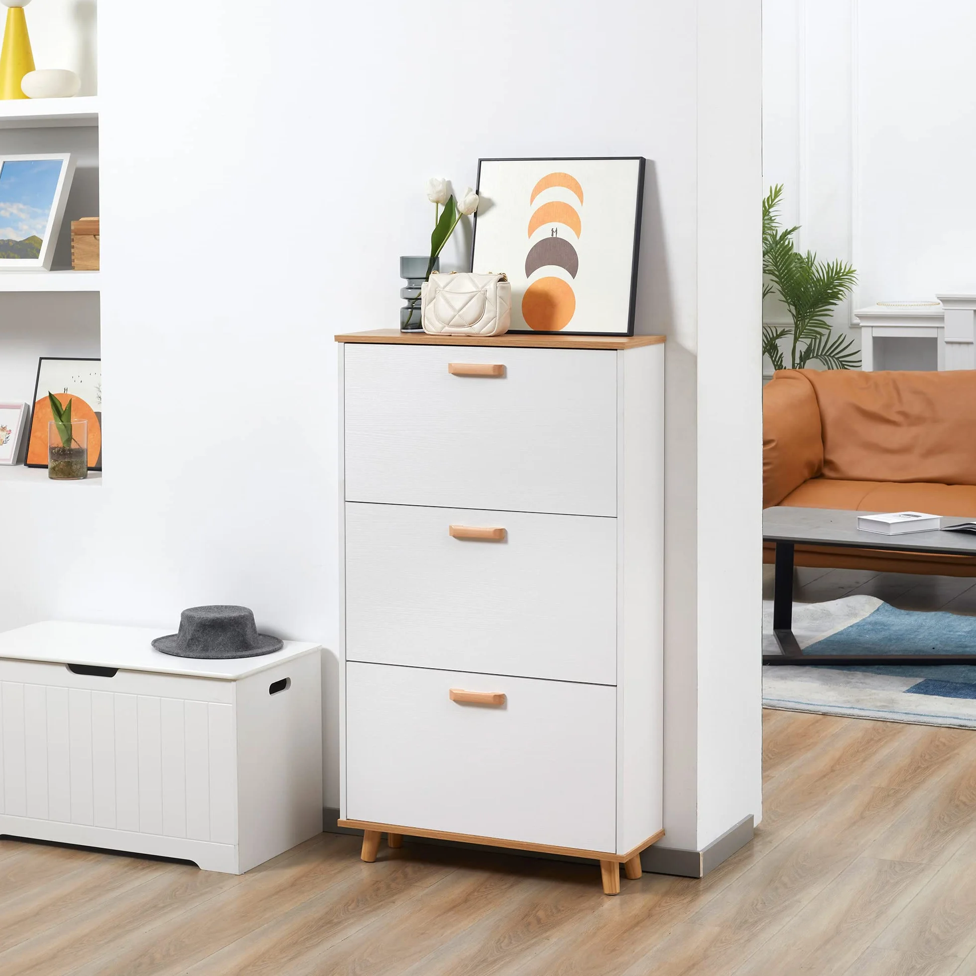 HOMCOM - Zapatero para zapatero estilo escandinavo (3 tapas, aspecto madera, 70 x 23,5 x 122 cm), color blanco