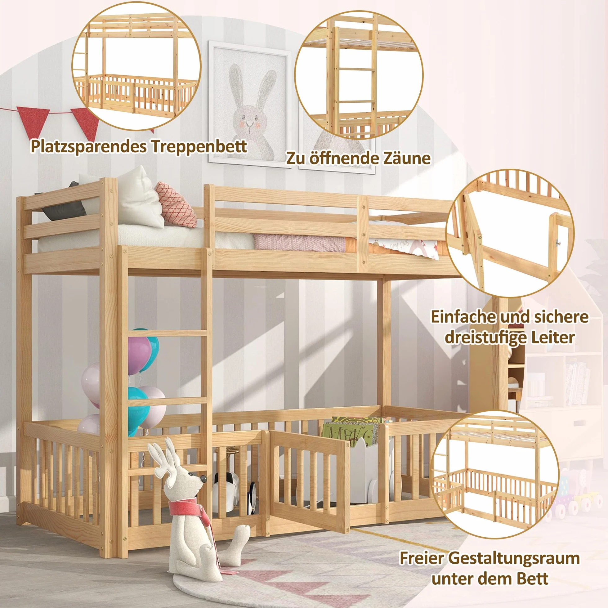 Lubvtti Litera Infantil 90 x 200 cm,Cama para niños con protección anticaídas y barandilla,Estructura Cama 90x200,Cama Superior con somier de láminas, Natural