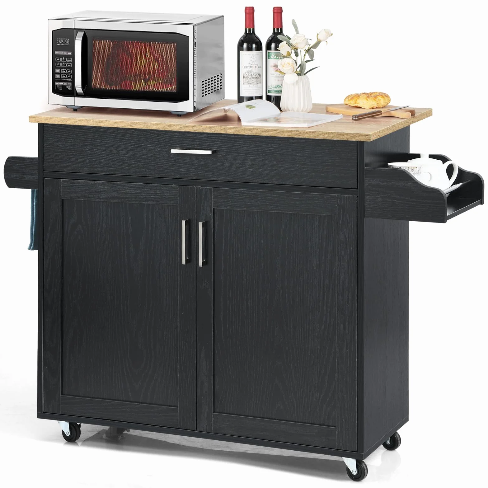 KOMFOTTEU Carro de Cocina Auxiliar, Carrito de Servicio con Cajón y Estante Ajustable, Estantería Móvil de Comedor con Ruedas Universales con Freno, de Madera, 116 x 40 x 85 cm (Black)
